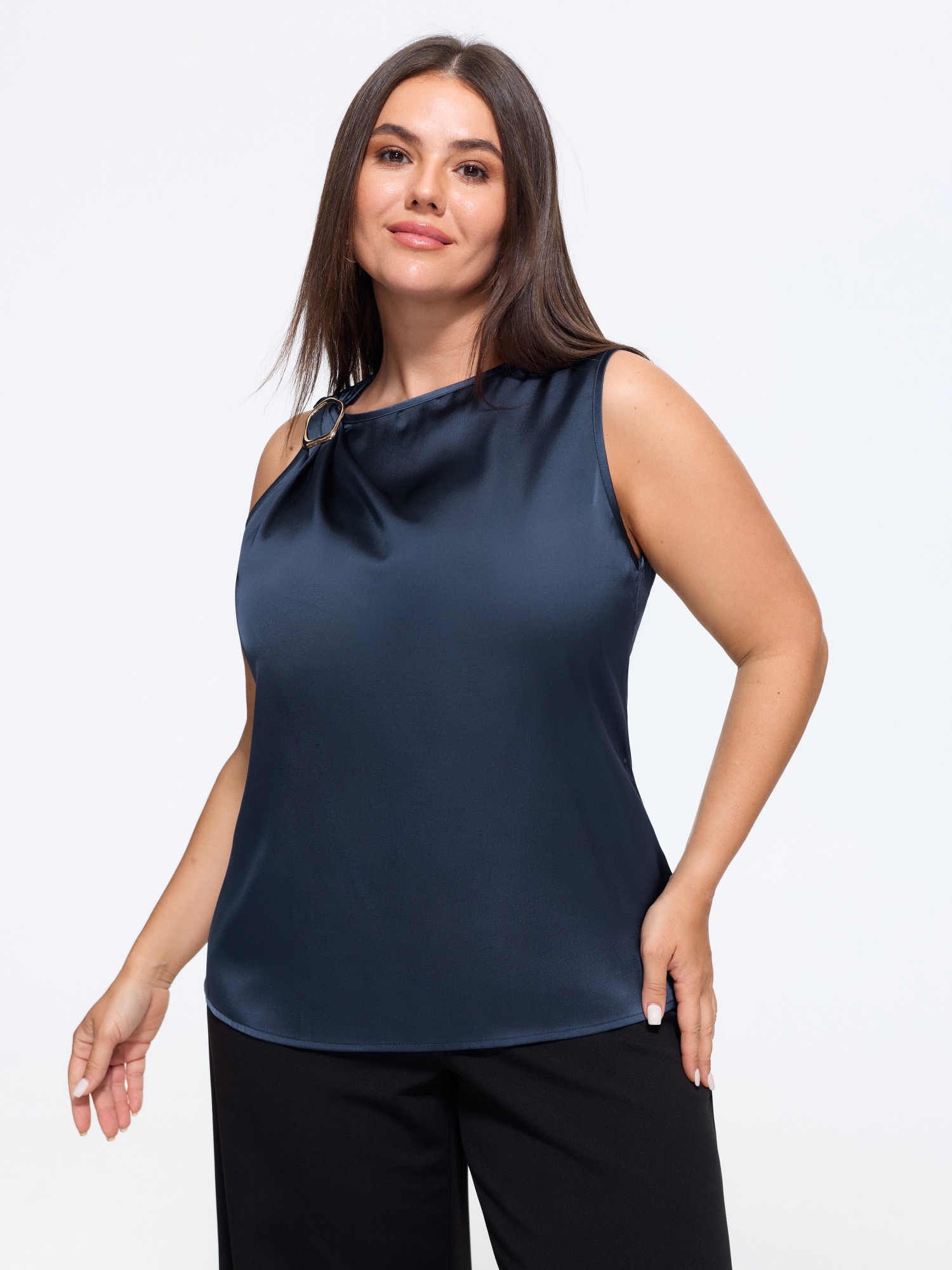 BloomChic Plus Size Satin Draped Neck Metal Ring Decor Tank Top - Women's Solid Cold Shoulder Comfort Midsection Fit Sleeveless Office Tank Tops Camis 16/L