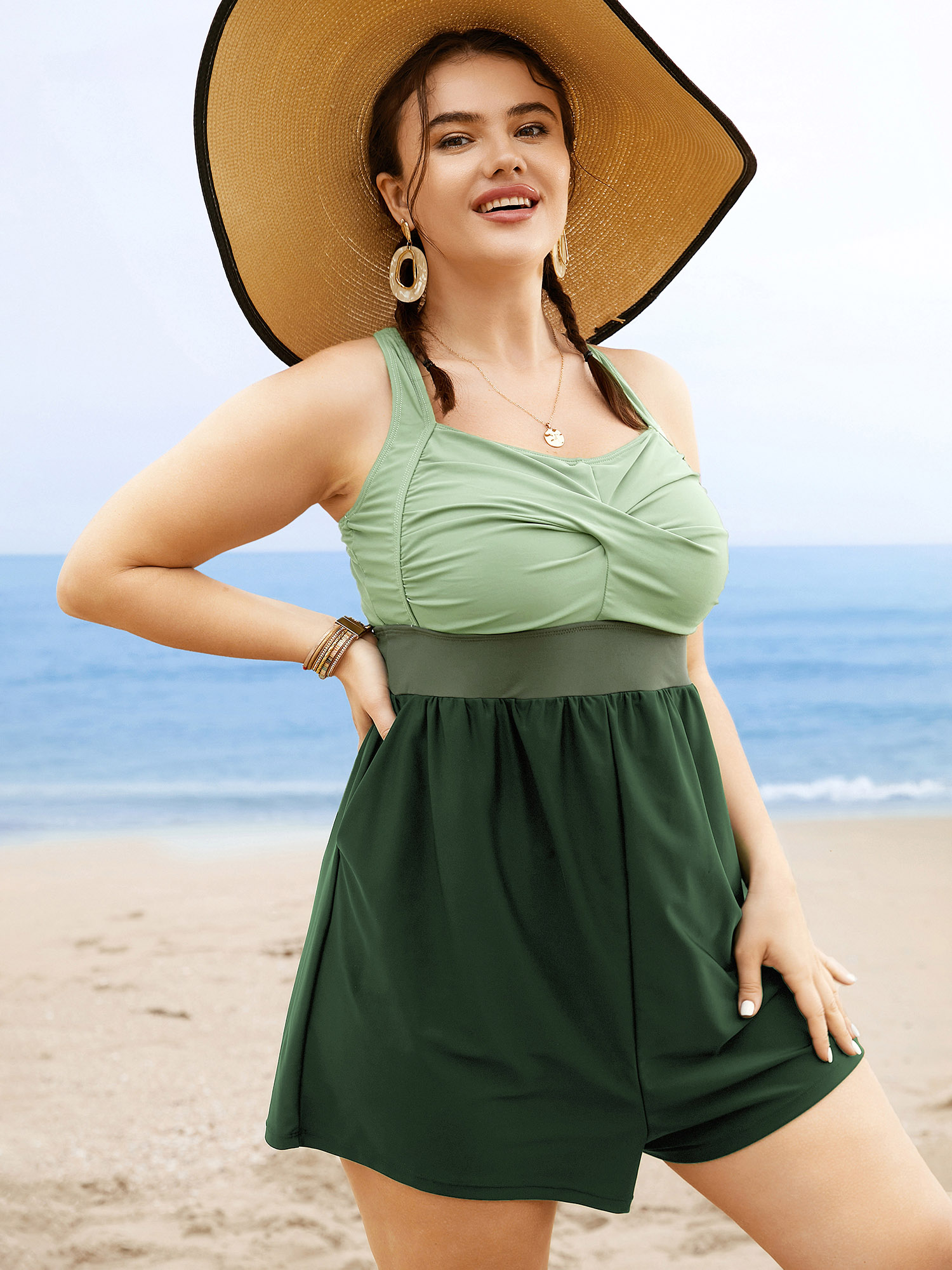 BloomChic Women's Plus Size Patchwork Contrast Crossover One Piece Swimsuit LightGreen Color Block Colorblock Adaptive-Fit 10/M