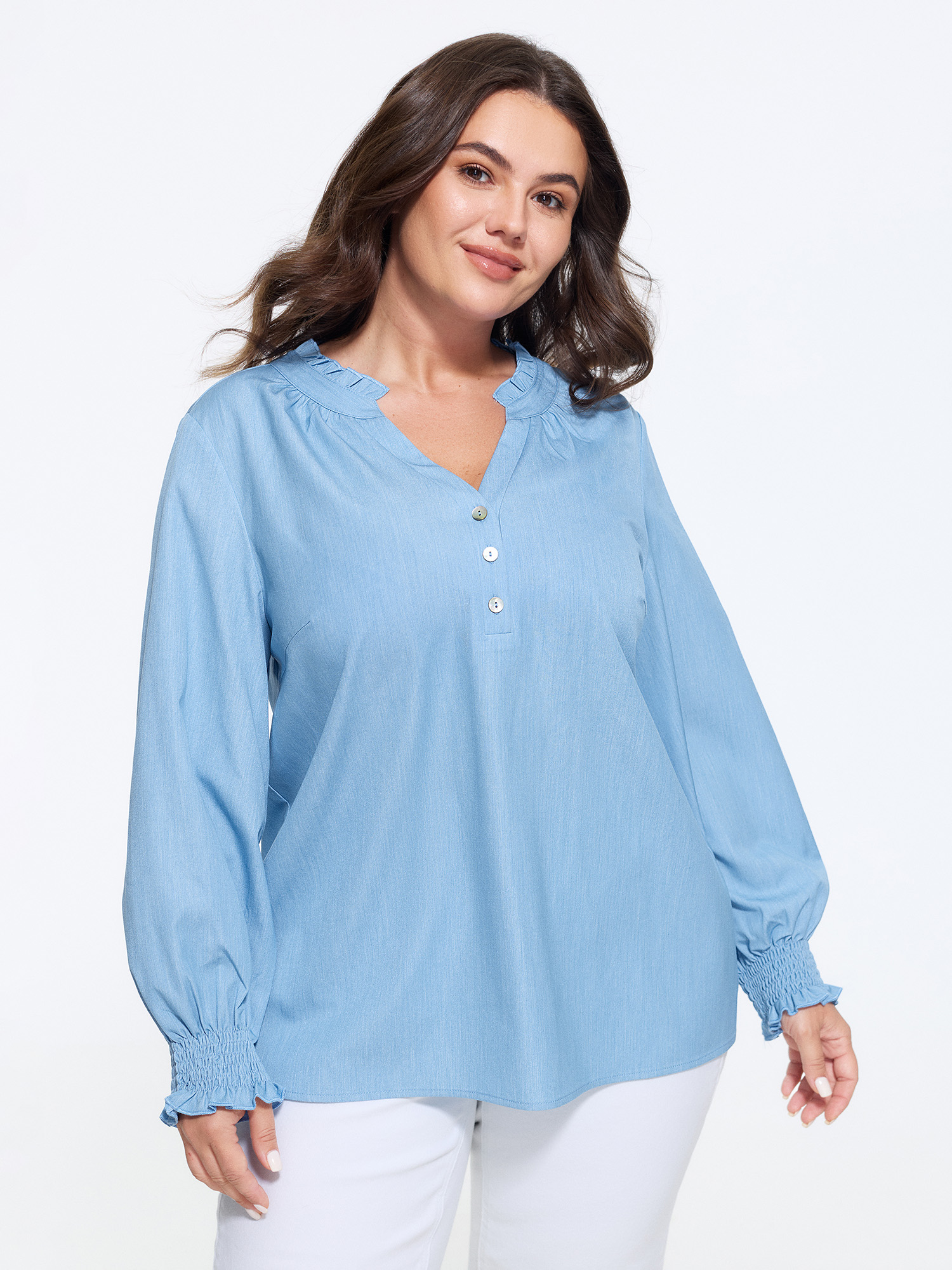 BloomChic Women's Plus Size Notched Collar Half Button Shirred Cuff Blouse Denimlightblue Solid Everyday-Casual Long Sleeve V-Notch Neck 10/M