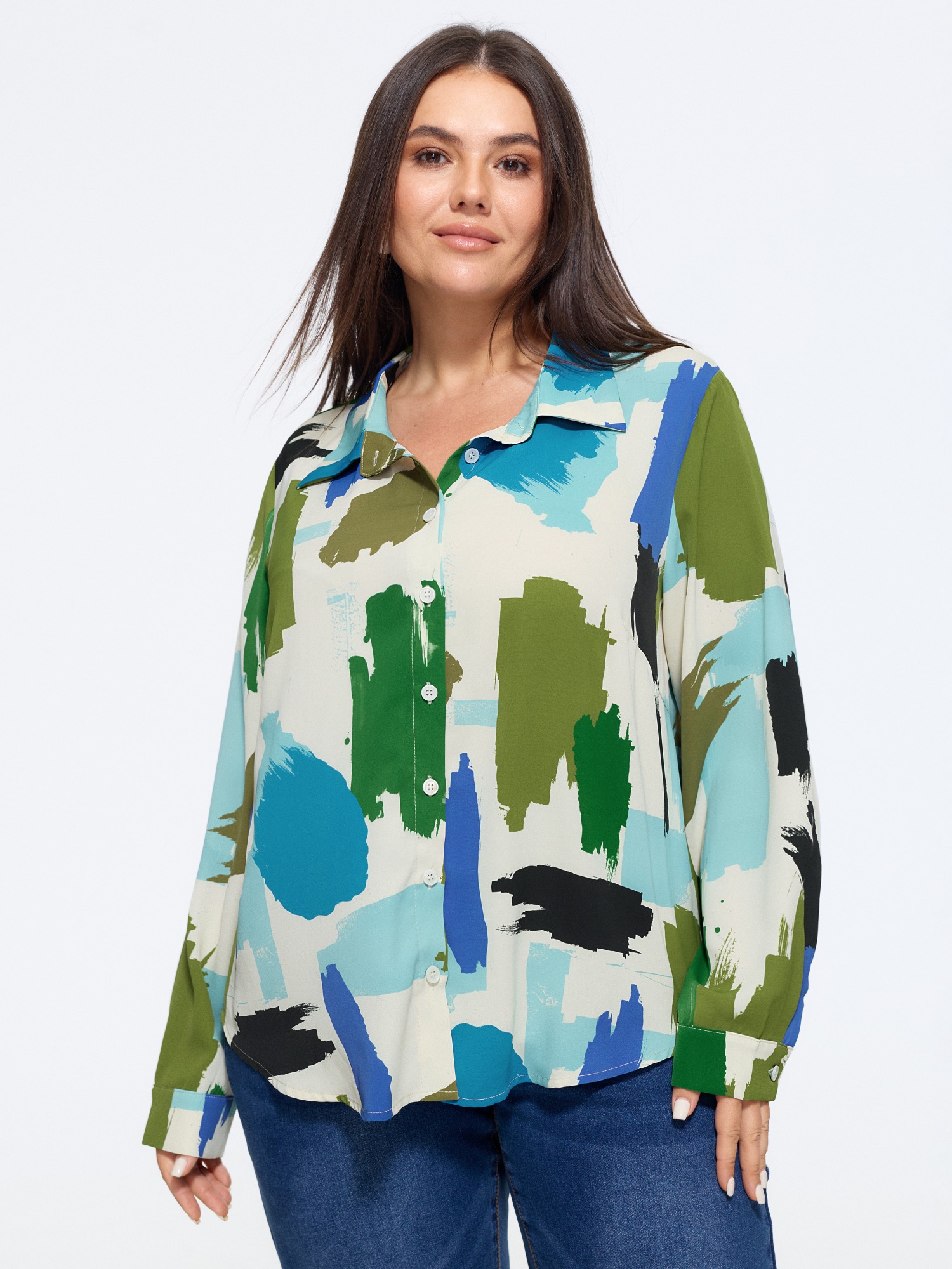 Bloomchic Abstract Brush Print Button Down Blouse In Multicolor