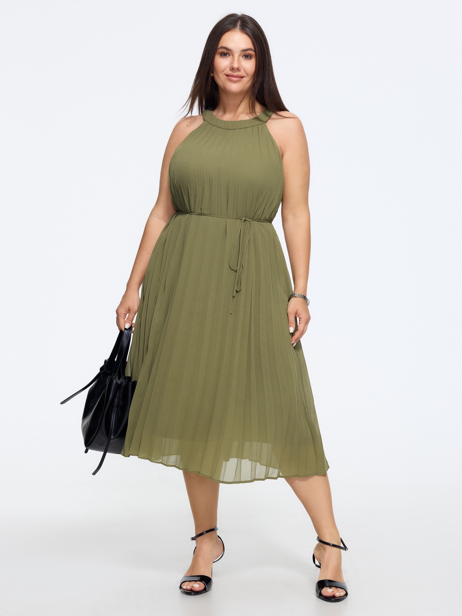 BloomChic Plus Size Halter Neck Pleated Flowy Midi Dress - Curve Ladies Olive Office Sleeveless Solid Daily Dresses 14/M