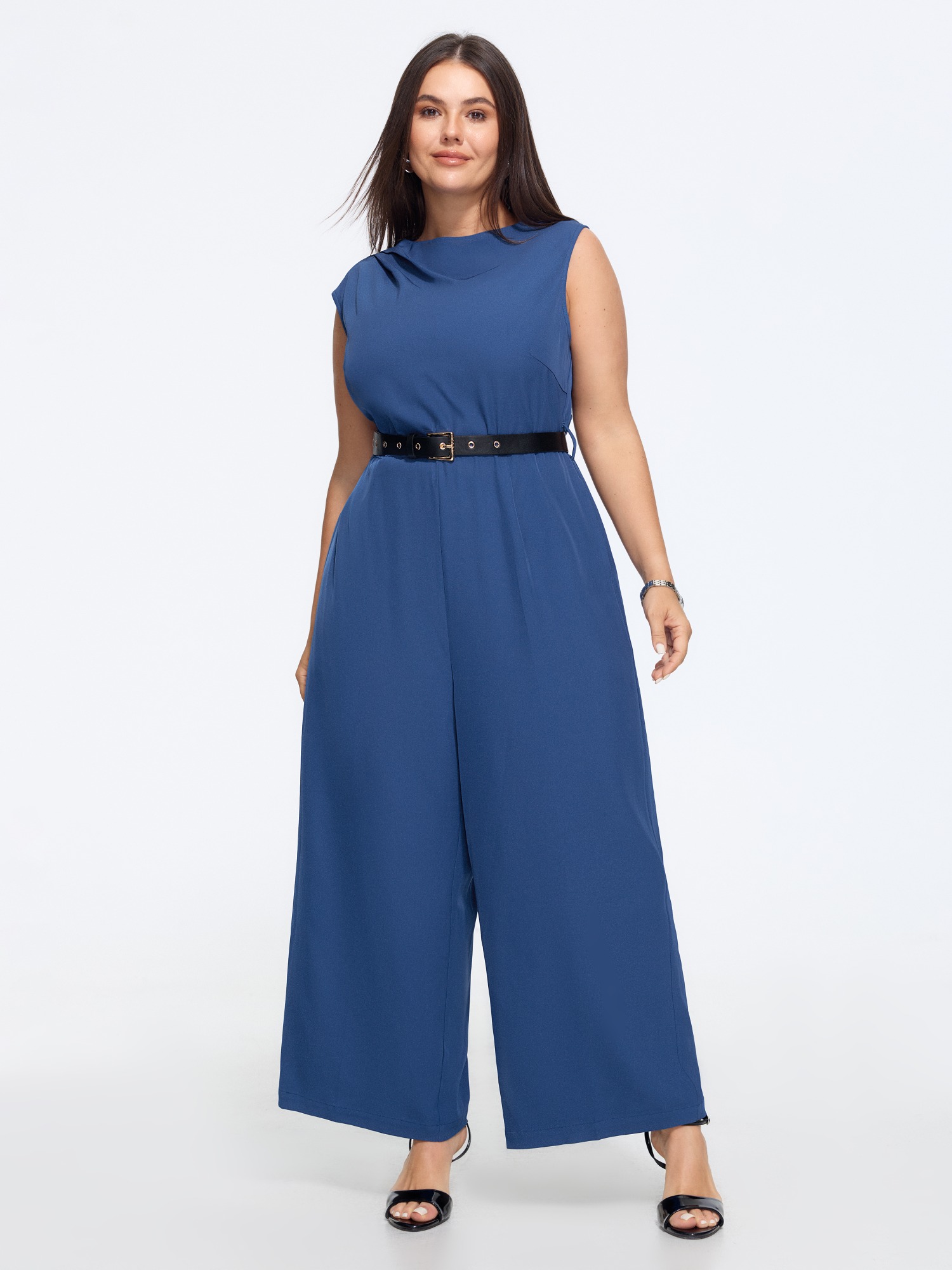 BloomChic Plus Size Draped Collar Belted Sleeveless Wide Leg Jumpsuit - Curve Women's Navy Playsuit - Comfort Midsection Fit Side Pocket Straight fit Jumpsuits 18-20/1X