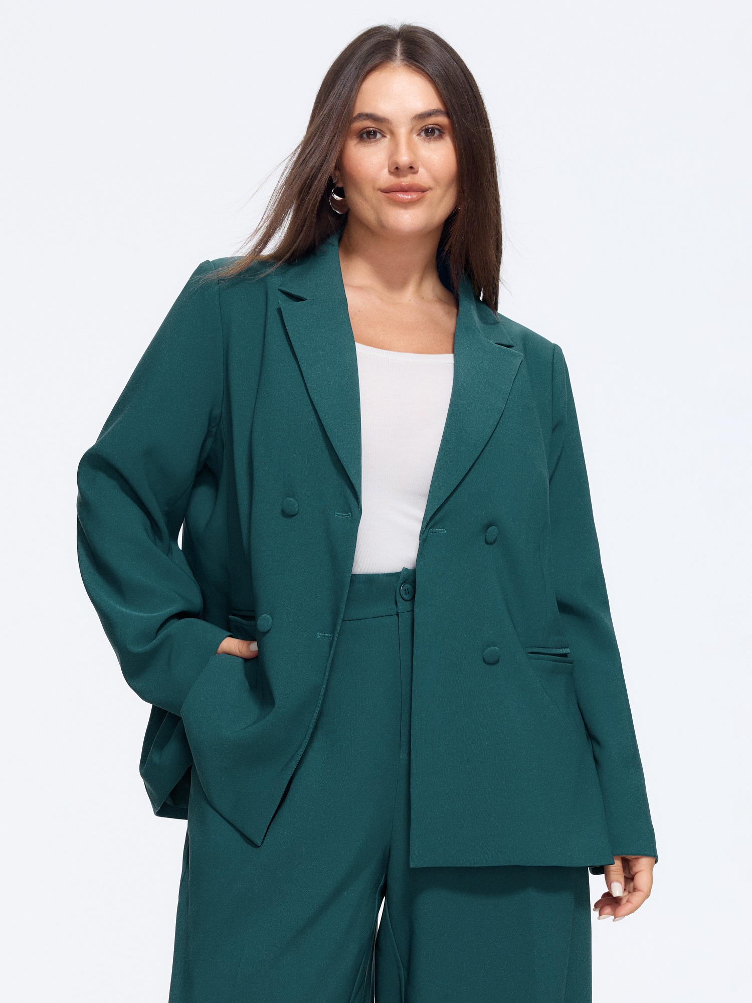 BloomChic Women's Plus Size Lapel Collar Double‑Breasted Blazer Cyan Button Front Sleeve Long Sleeve Notched Lapel 10/M
