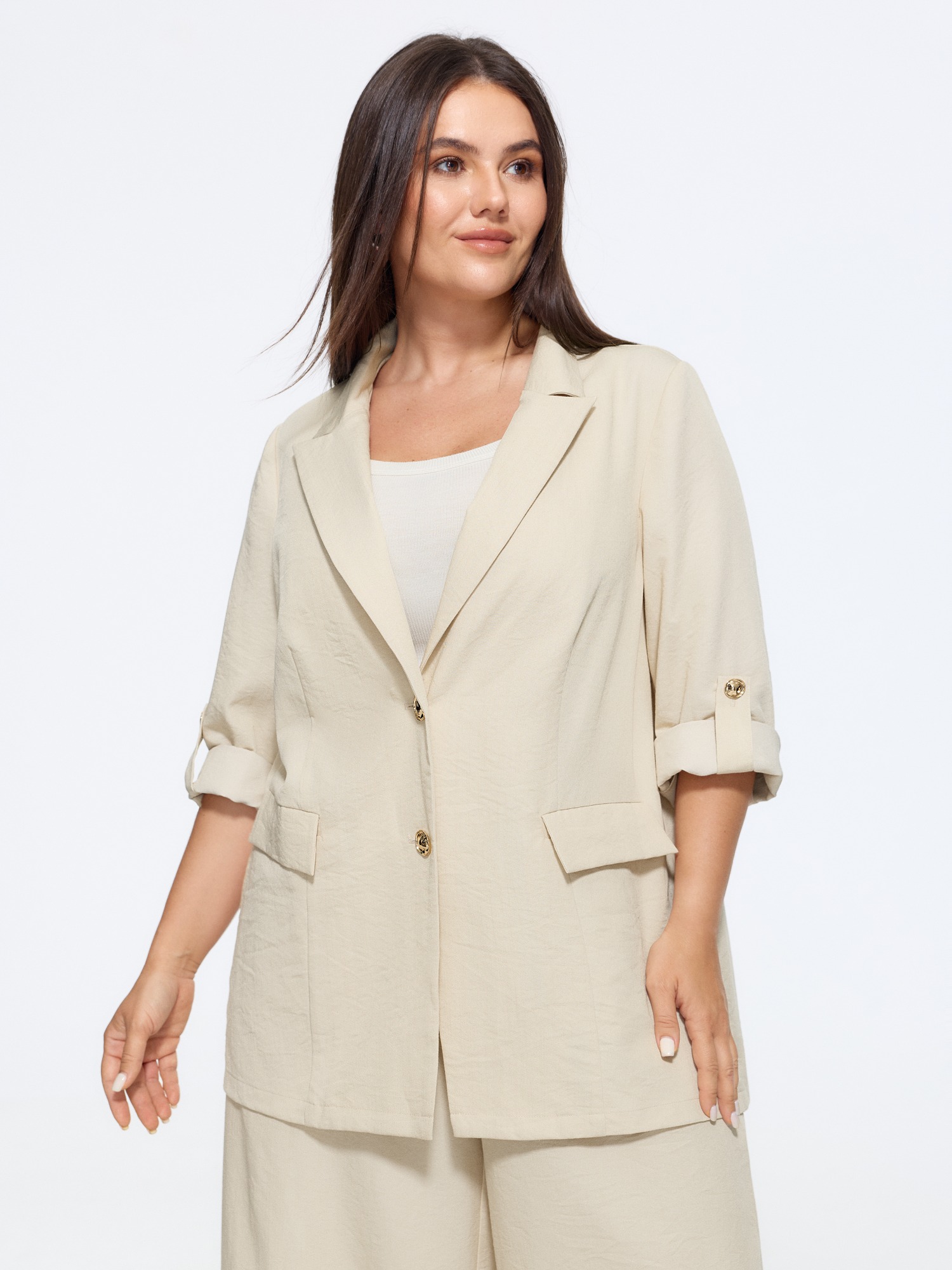 Bloomchic Textured Button Down Tab Sleeve Blazer In Apricot