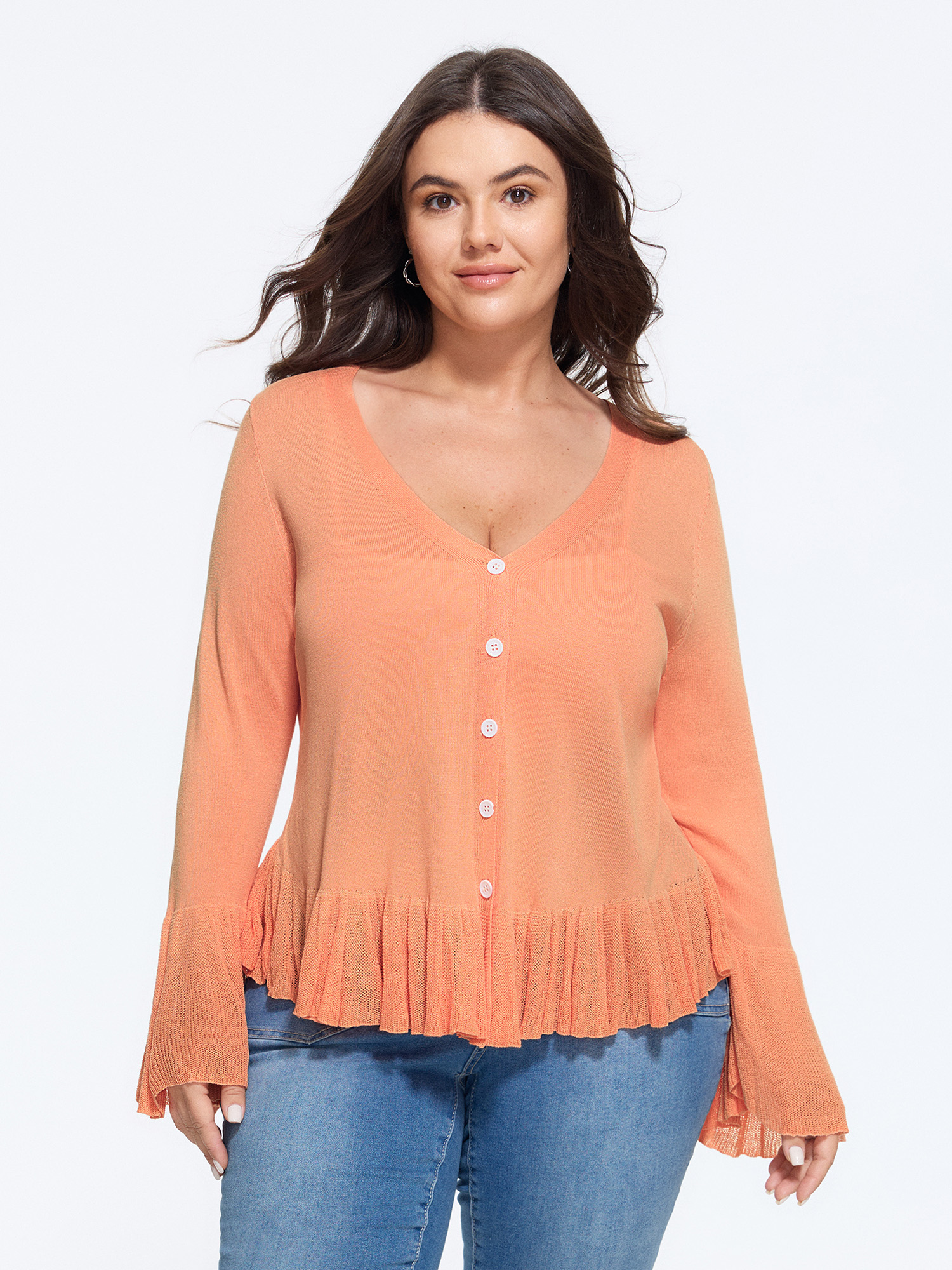 BloomChic Women's Plus Size Lightweight Flared Sleeve Ruffle Hem Cardigan Salmon Long Sleeve V-Neck 12/L