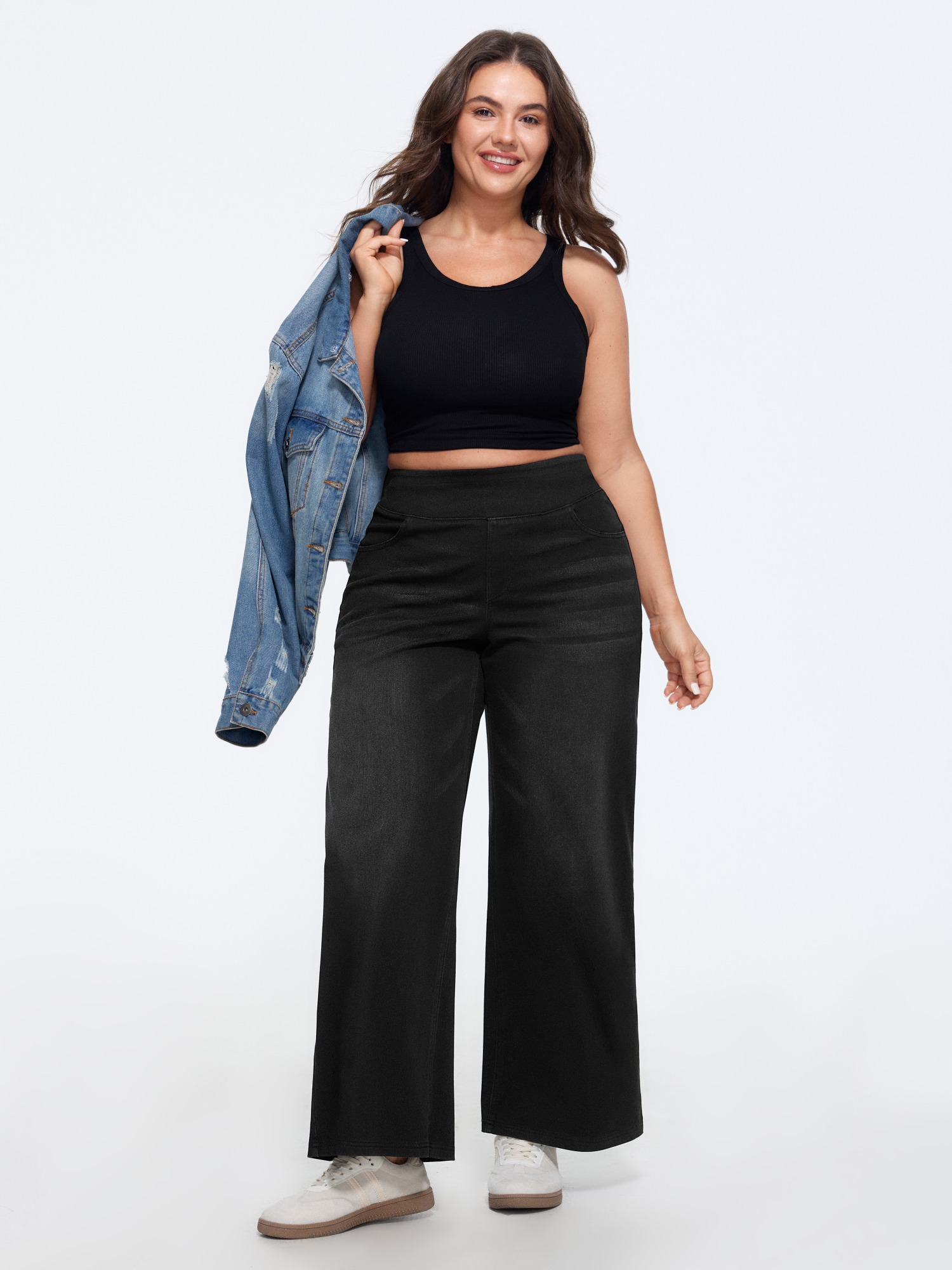 Bloomchic Stretchy Pull-on Wide-leg Knit Jeans In Denimblack