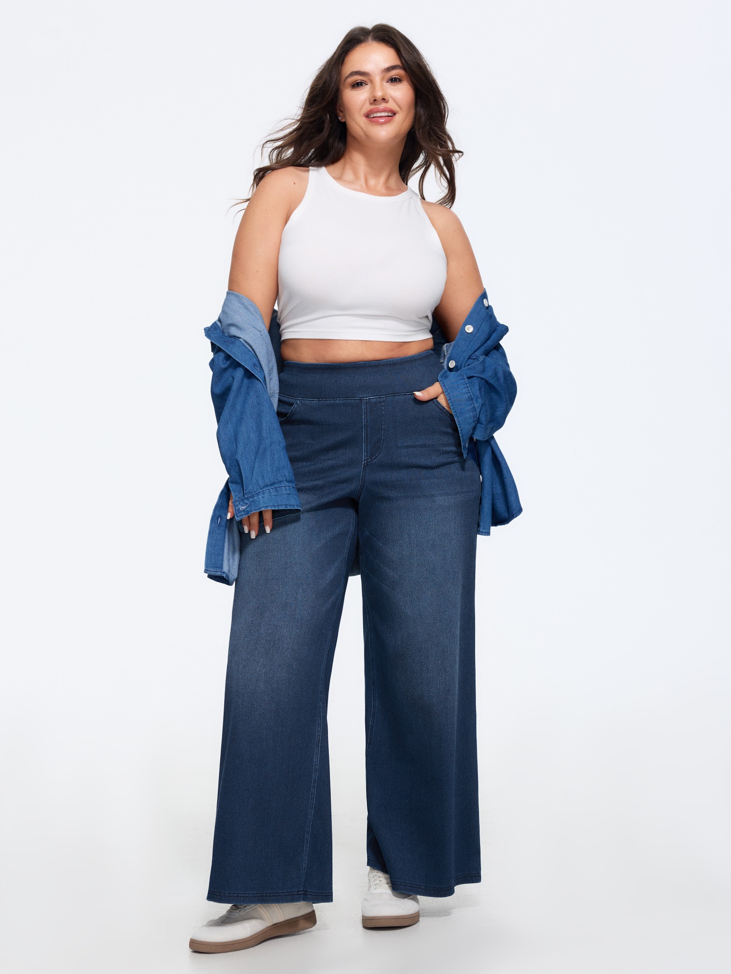 Bloomchic Stretchy Pull-on Wide-leg Knit Jeans In Denim Medium Blue