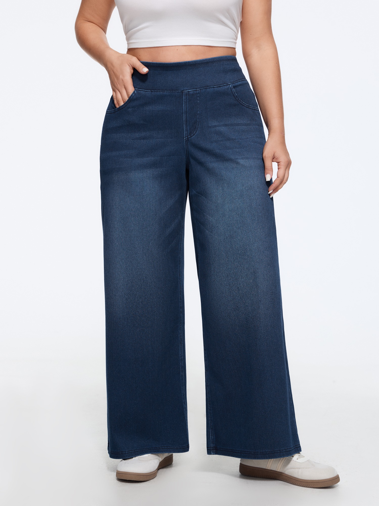 Bloomchic Stretchy Pull-on Wide-leg Knit Jeans In Denim Medium Blue