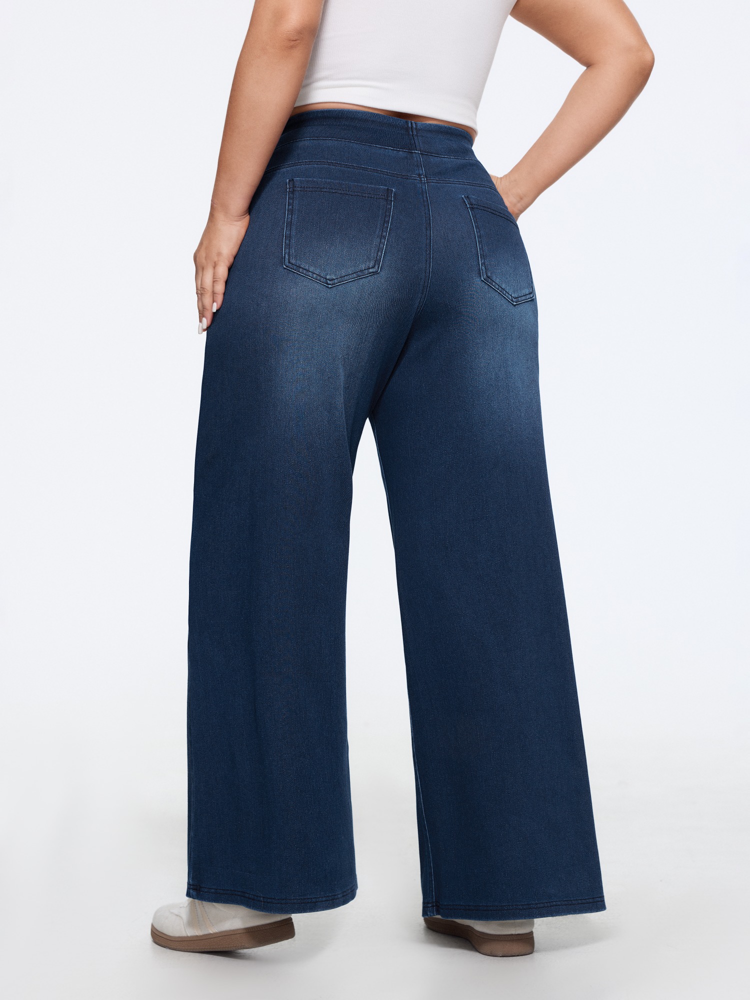 Bloomchic Stretchy Pull-on Wide-leg Knit Jeans In Denim Medium Blue