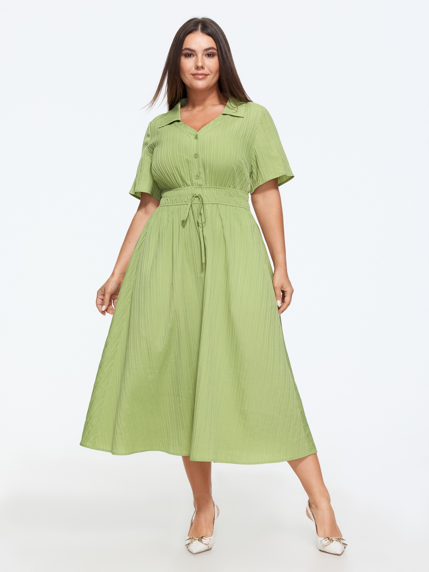 BloomChic Women's Plus Size Solid Button Front Drawstring Waist Midi Dress Greenbean Solid Maxi Office Smocked 10/M