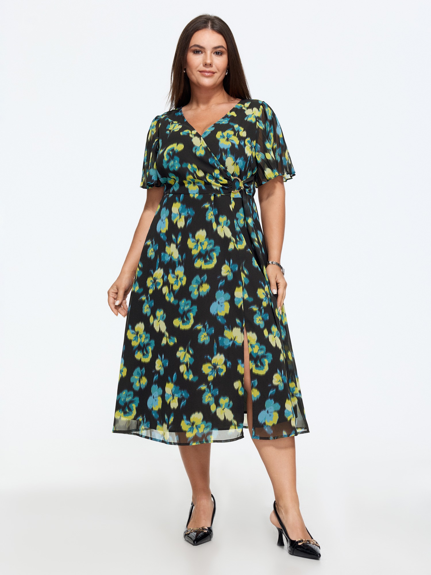 BloomChic Women's Plus Size Floral Print Tie Waist Side Slit Midi Dress Multicolor Floral Midi Office Smocked 10/M