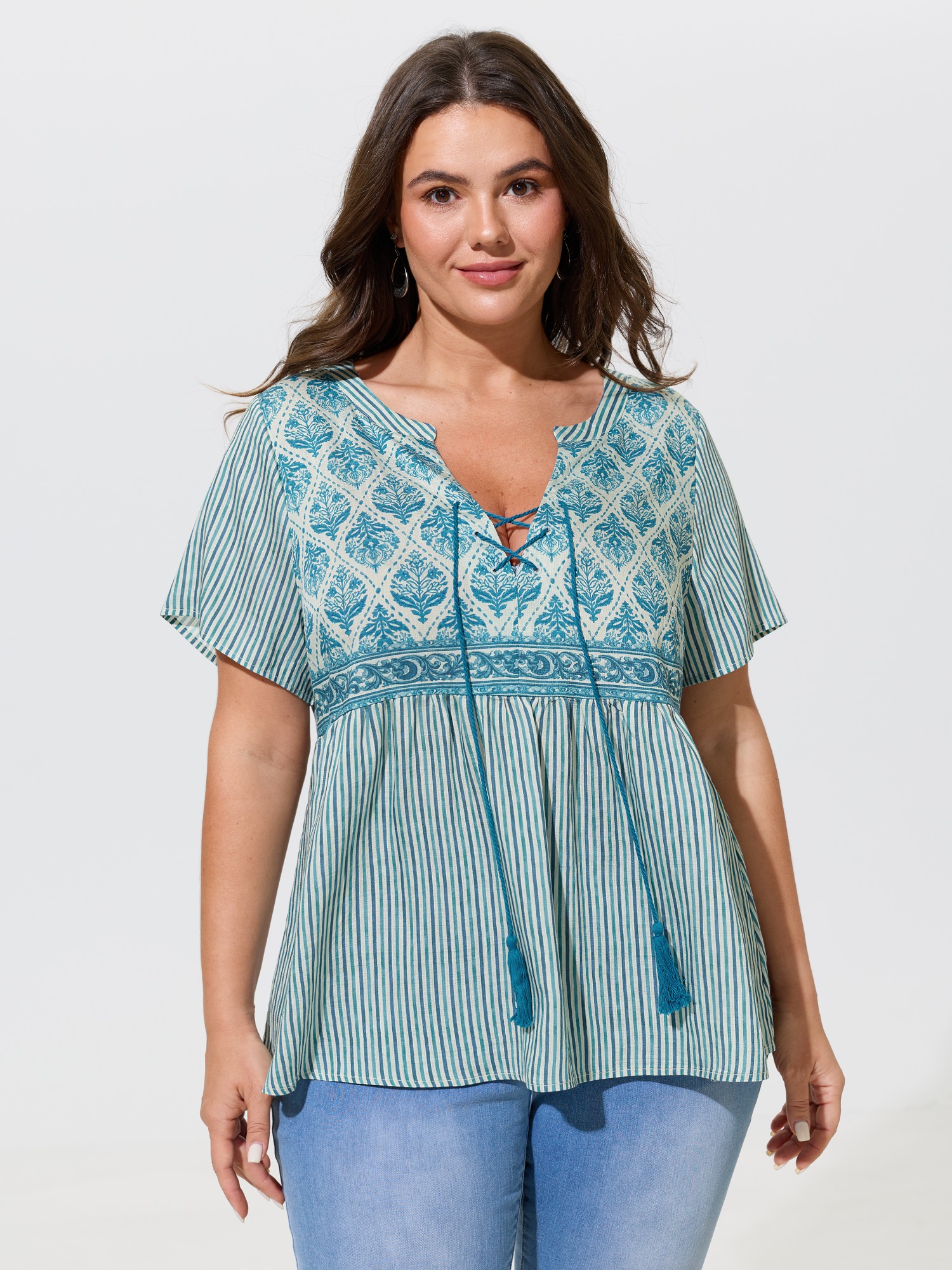Bloomchic Boho Striped Print Tassel Tie Blouse In Cerulean