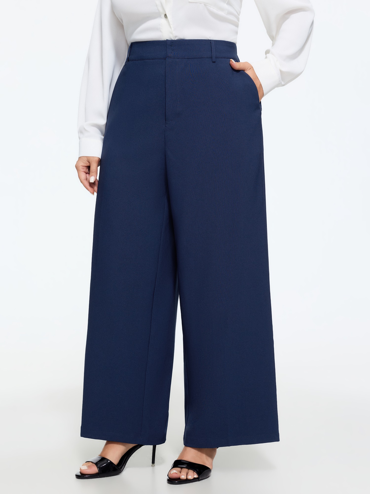 BloomChic Women's Plus Size Stretchy Center Crease Pockets Wide Leg Pants DarkBlue Solid Straight fit Mid Rise Office 14-16/1X
