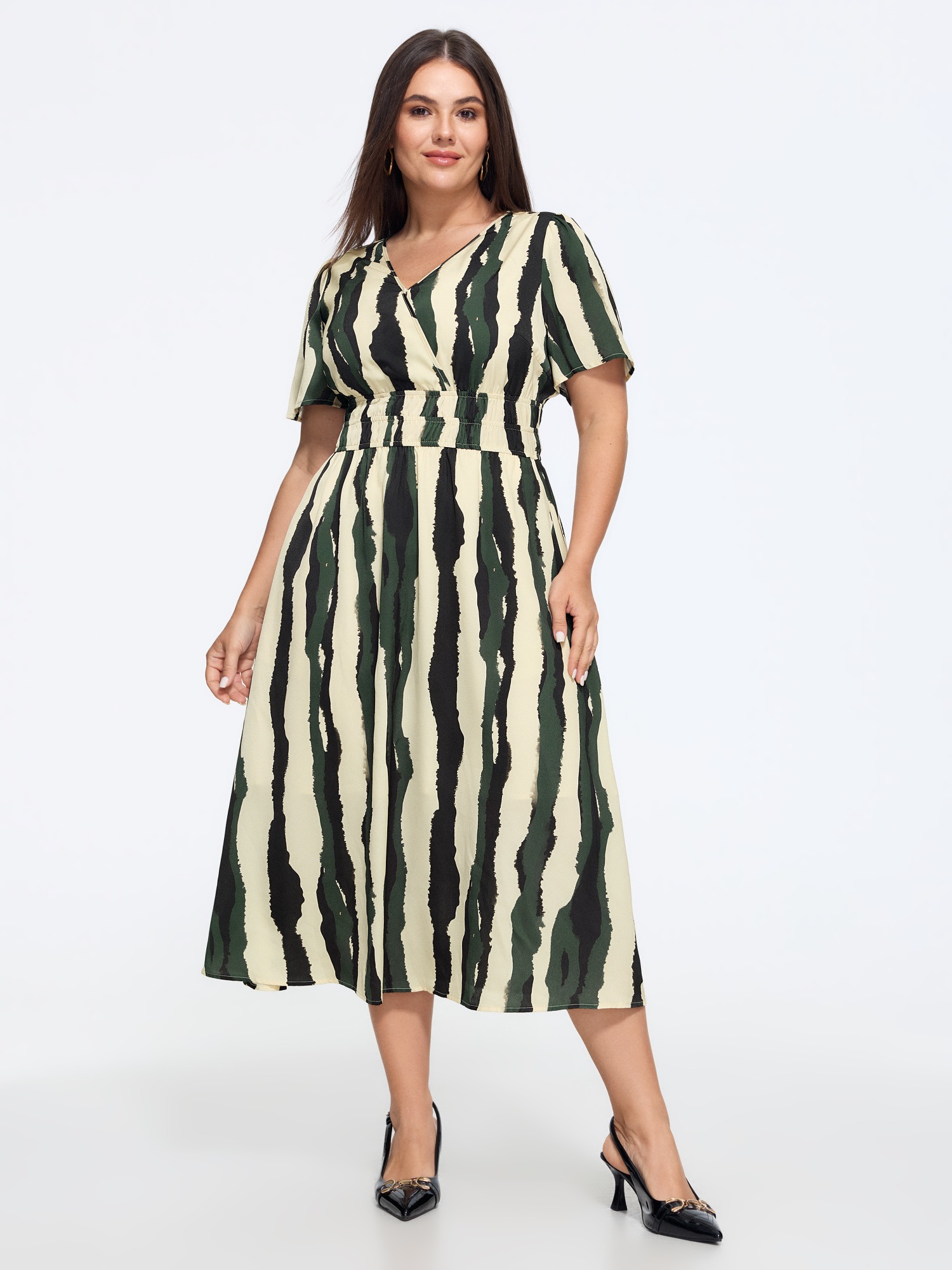 BloomChic Women's Plus Size Stripe Print Wrap Neck Shirred Waist Midi Dress Champagne Ripple Midi Office Smocked 26/4X