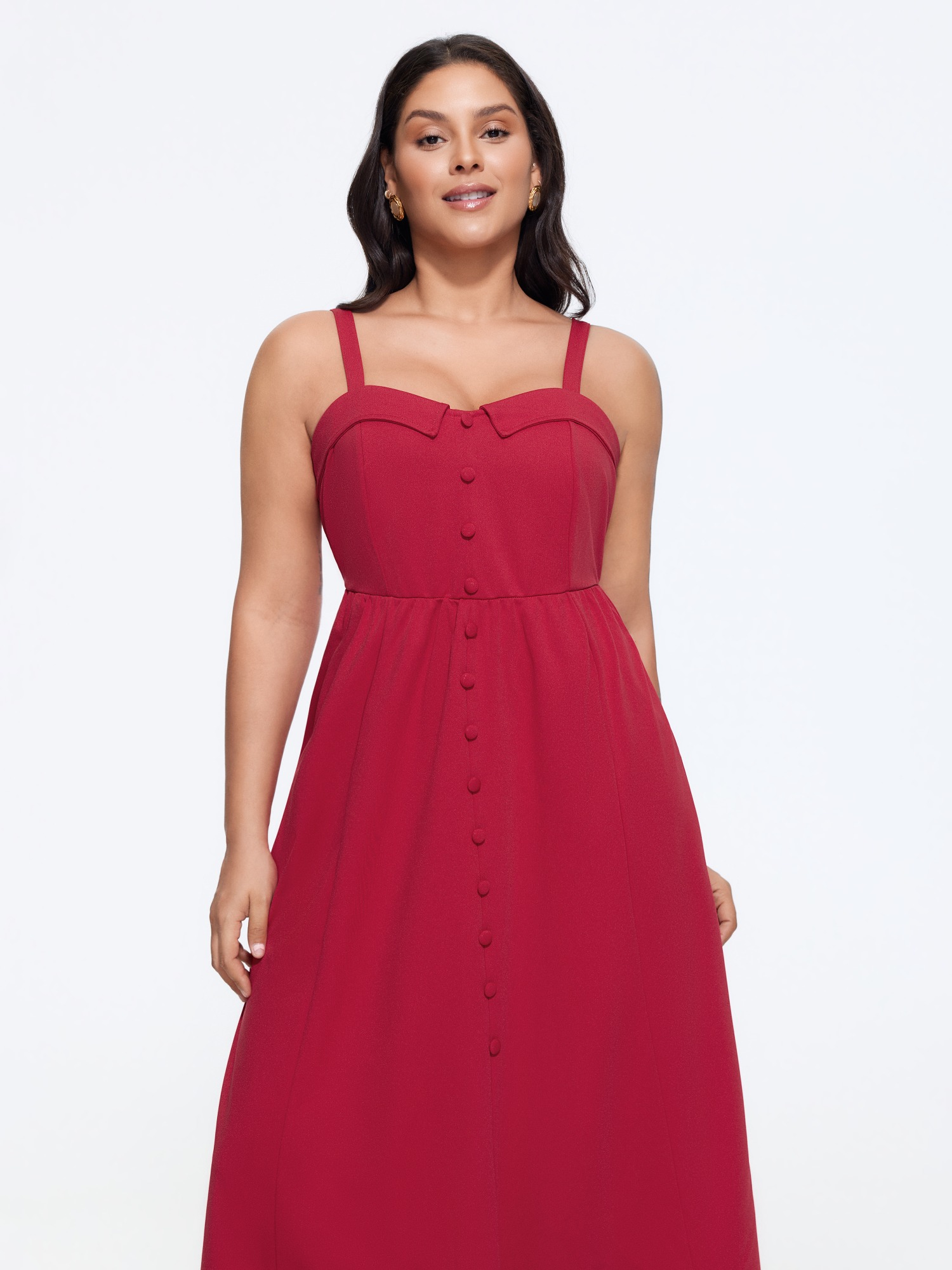 BloomChic Women's Plus Size Solid Button Detail Spaghetti Strap Midi Dress Crimson Solid Midi Everyday-Elegant Cold Shoulder 10/M