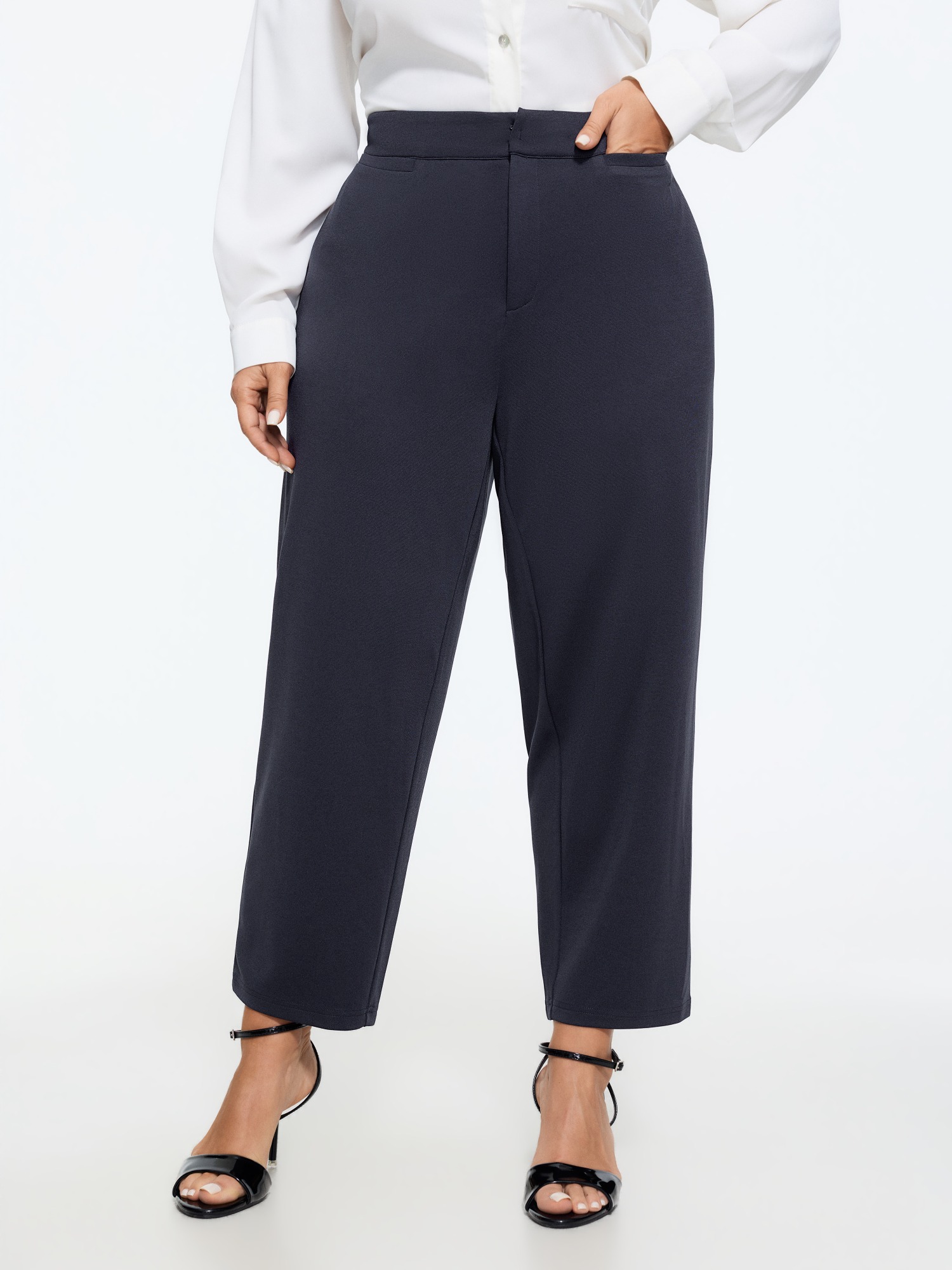 Bloomchic Stretch Solid Pockets Straight Leg Pants In Darkblue
