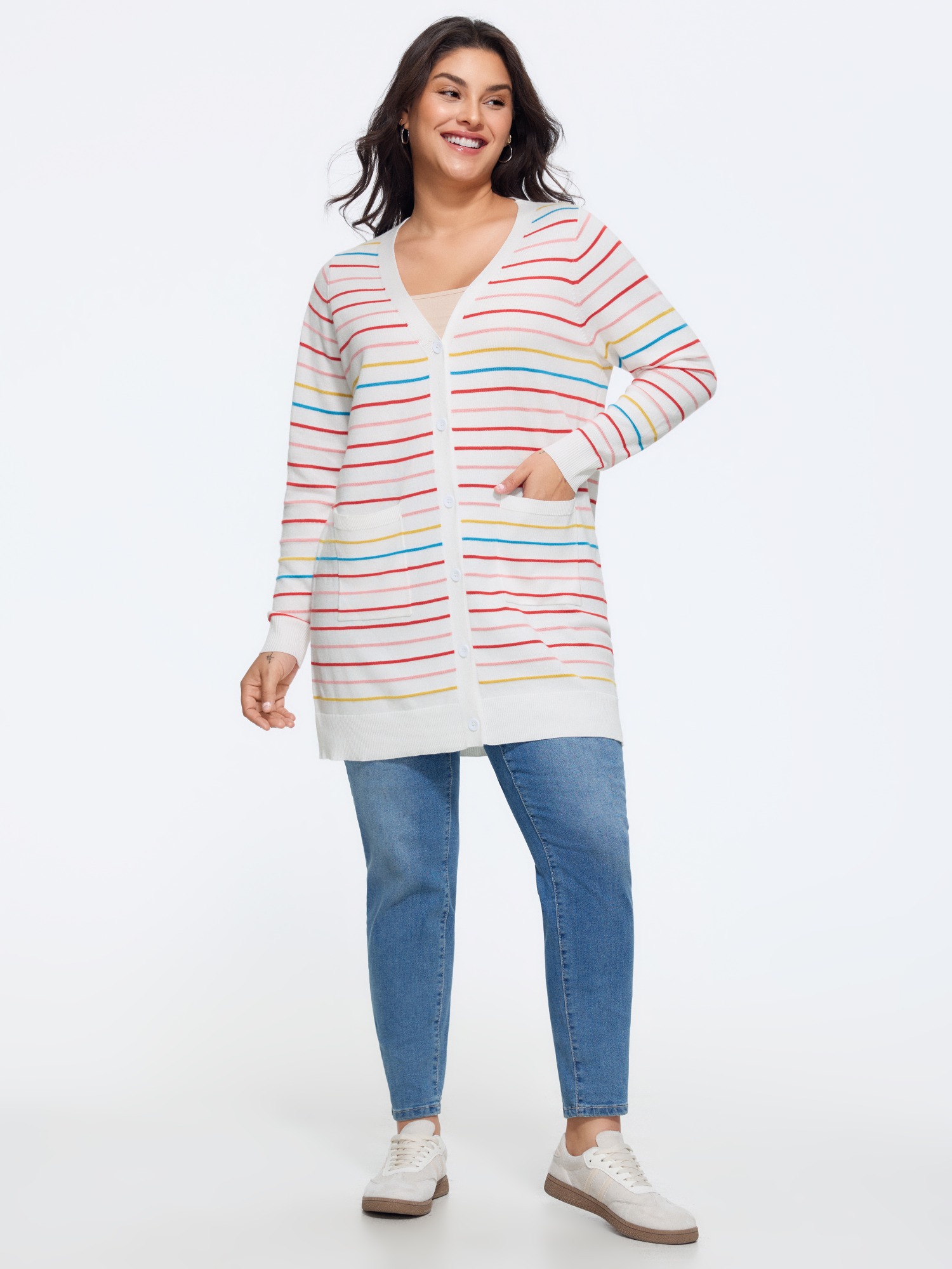 BloomChic Women's Plus Size Multi‑Color Striped Patch Pockets Cardigan Ivory Long Sleeve V-Neck 10/M