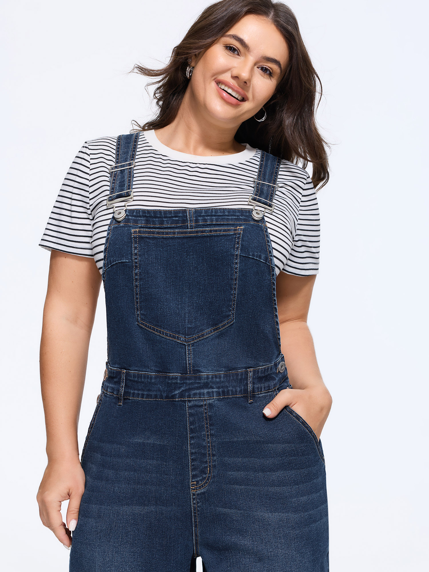 BloomChic Women's Plus Size Stretchy Adjustable Shoulder Straps Denim Jumpsuit Denimblue Everyday-Casual 10/M