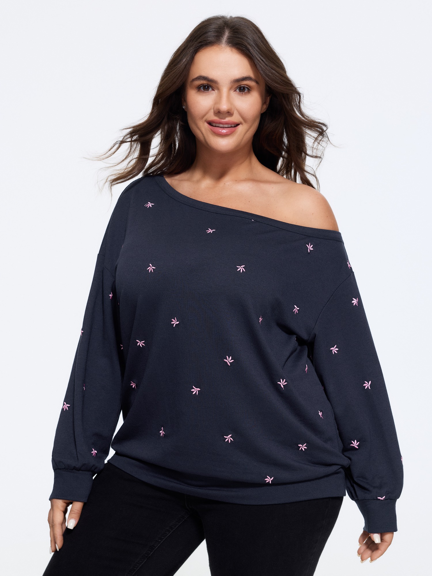 BloomChic Women's Plus Size Floral Embroidery Off Shoulder Loose Sweatshirt Indigo Everyday-Casual Asymmetrical Neckline 12/L