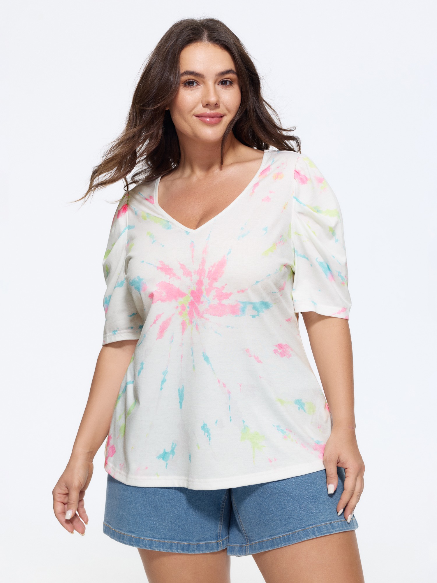 BloomChic Women's Plus Size Supersoft Tie‑Dye Loose Fit T‑Shirt Originalwhite Tie-dye Everyday-Casual Short sleeve Deep V-Neck 10/M