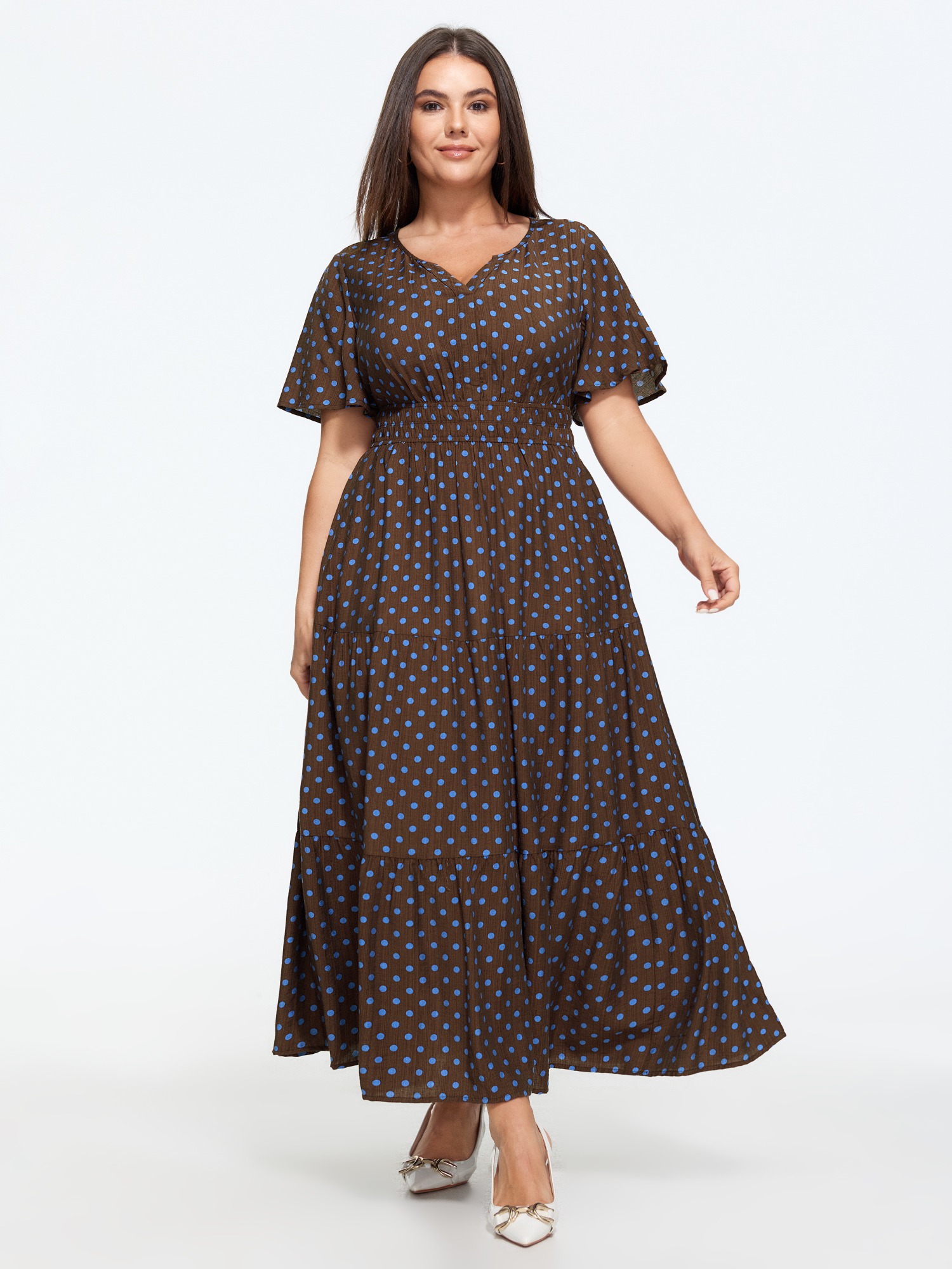 BloomChic Women's Plus Size Vintage Polka Dot Tiered Maxi Dress Browncoffeecolor Polka dots Maxi Office Smocked 26/4X
