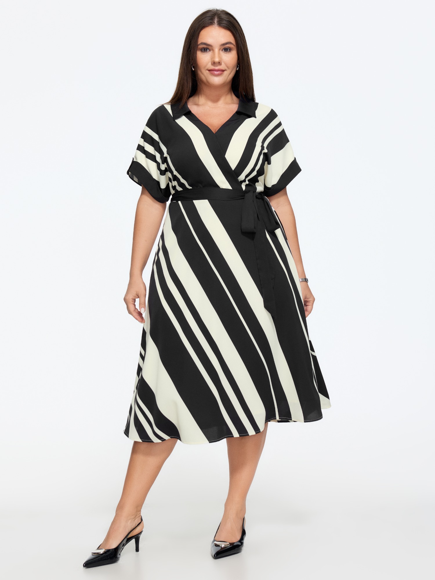 BloomChic Women's Plus Size Stripe Print Waist Tie Midi Dress Black Stripes Midi Office Wrap / Overlap 10/M