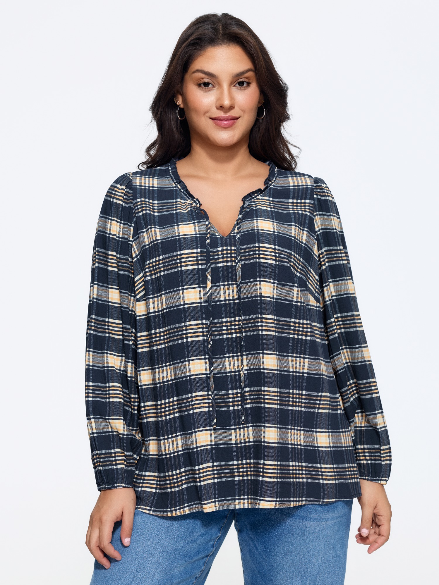 BloomChic Women's Plus Size Plaid Ruffle Trim V‑Neck Tie‑Front Blouse Ocean Plaid Everyday-Casual Long Sleeve V-Neck 10/M