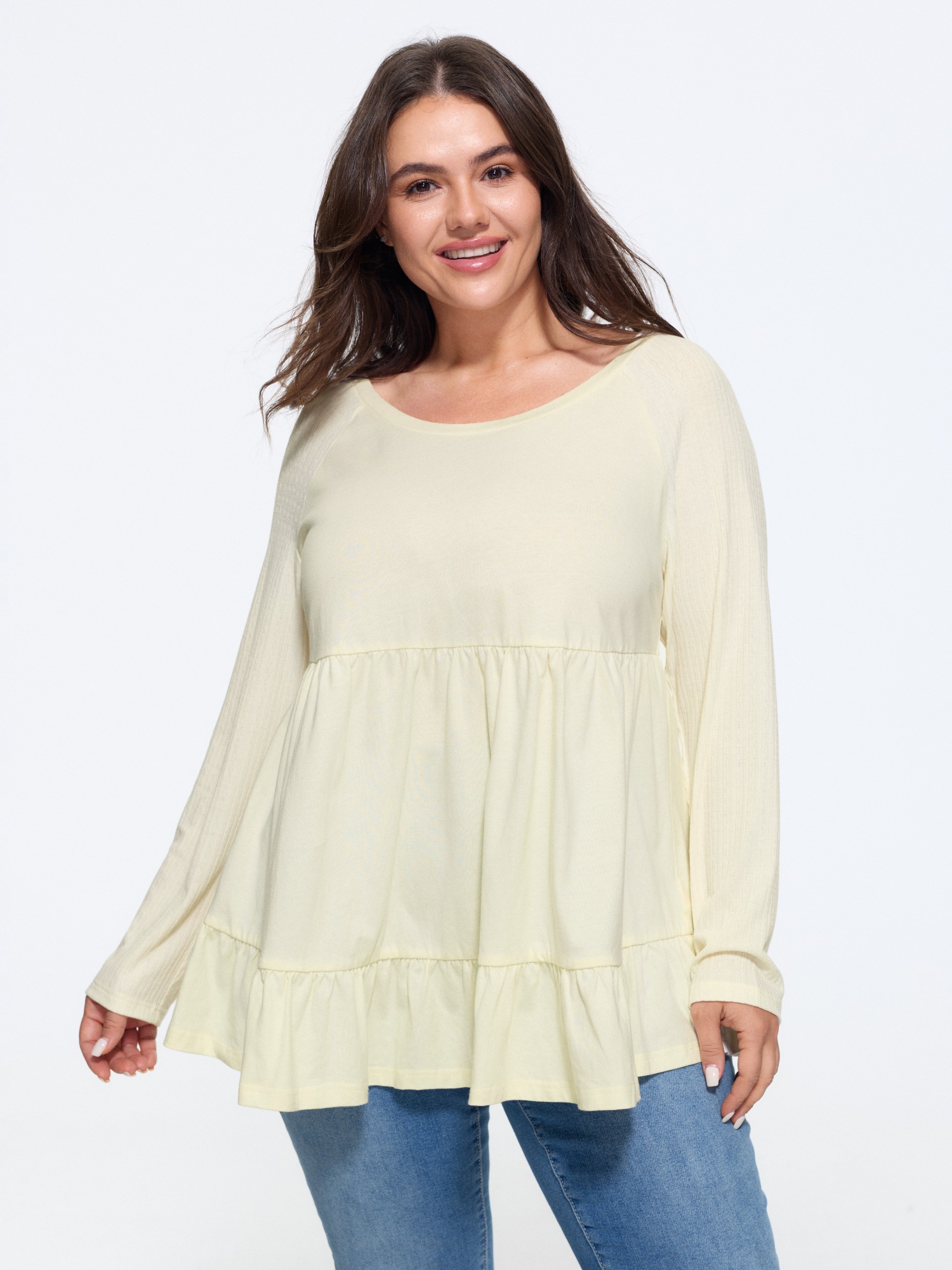 BloomChic Women's Plus Size Cotton Raglan Sleeve Tiered Ruffle Hem Top Beige Long Sleeve Everyday-Casual Round Neck 12/L