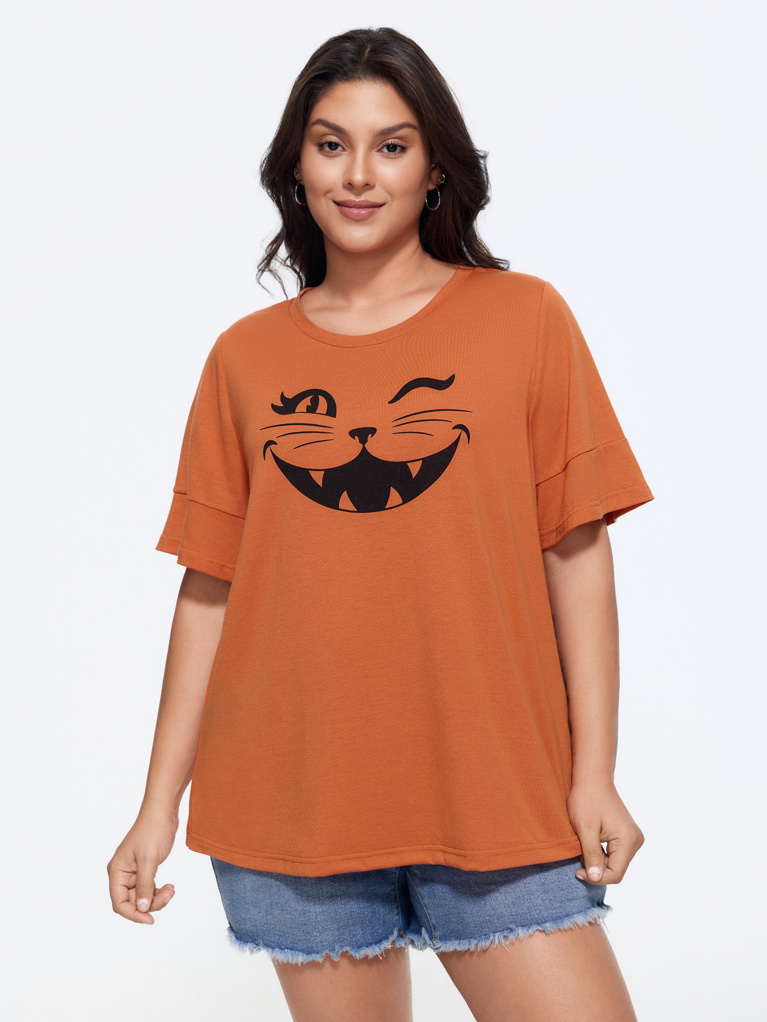 BloomChic Women's Plus Size Stretch Winking Cat Face Print T-Shirt Pumpkin Halloween Everyday-Casual Short sleeve Round Neck 10/M