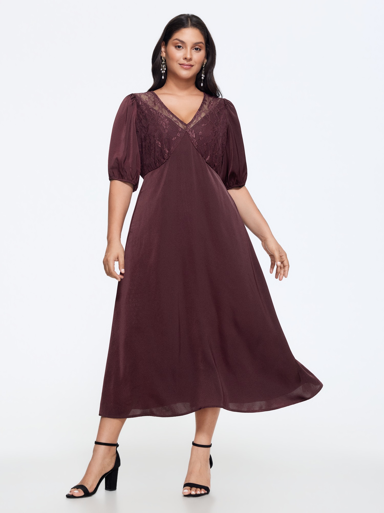 BloomChic Women's Plus Size Satin Lace Trim V-Neck Flowy Midi Dress Burgundy Solid Midi Everyday-Elegant Patchwork 14-16/1X