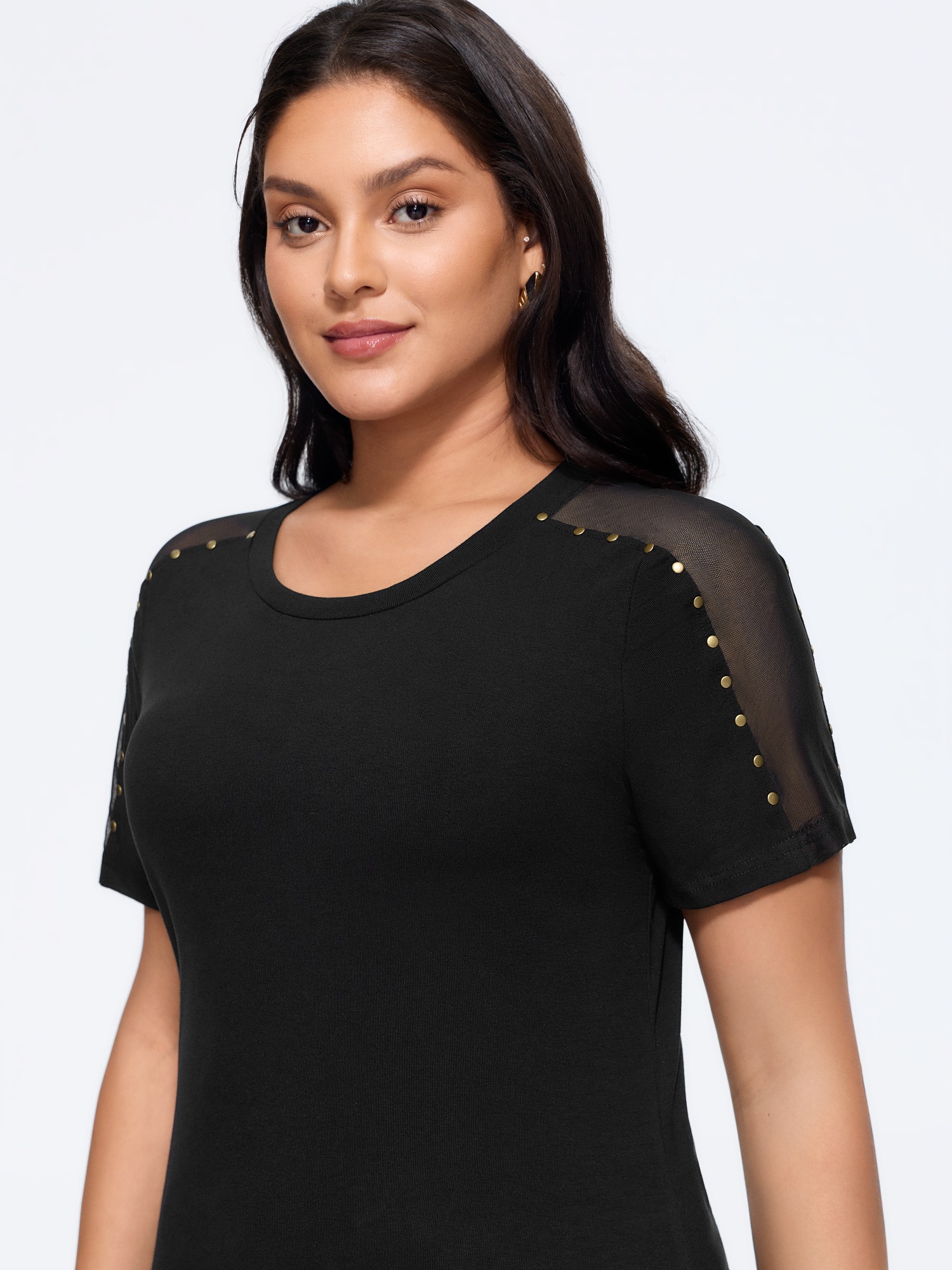BloomChic Women's Plus Size Crew Neck Stud Detail Mesh Shoulder Top Black Short sleeve Everyday-Elegant Round Neck 10/M