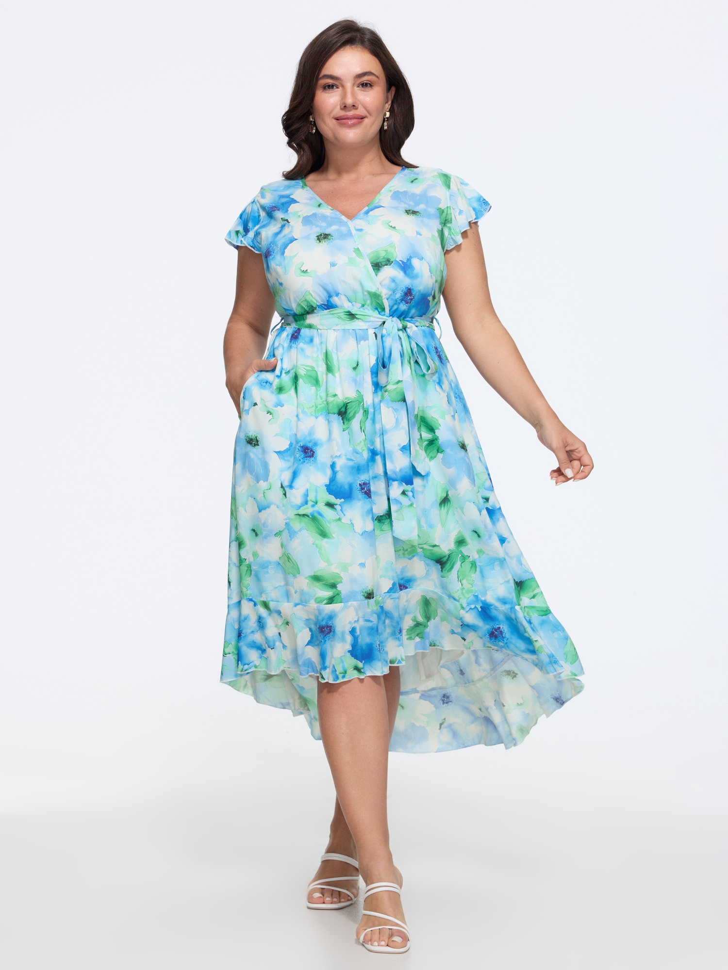 BloomChic Women's Plus Size Midnight Blooms Wrap A-Line Midi Dress LightBlue Floral Tunic Everyday-Elegant Wrap / Overlap 12/L