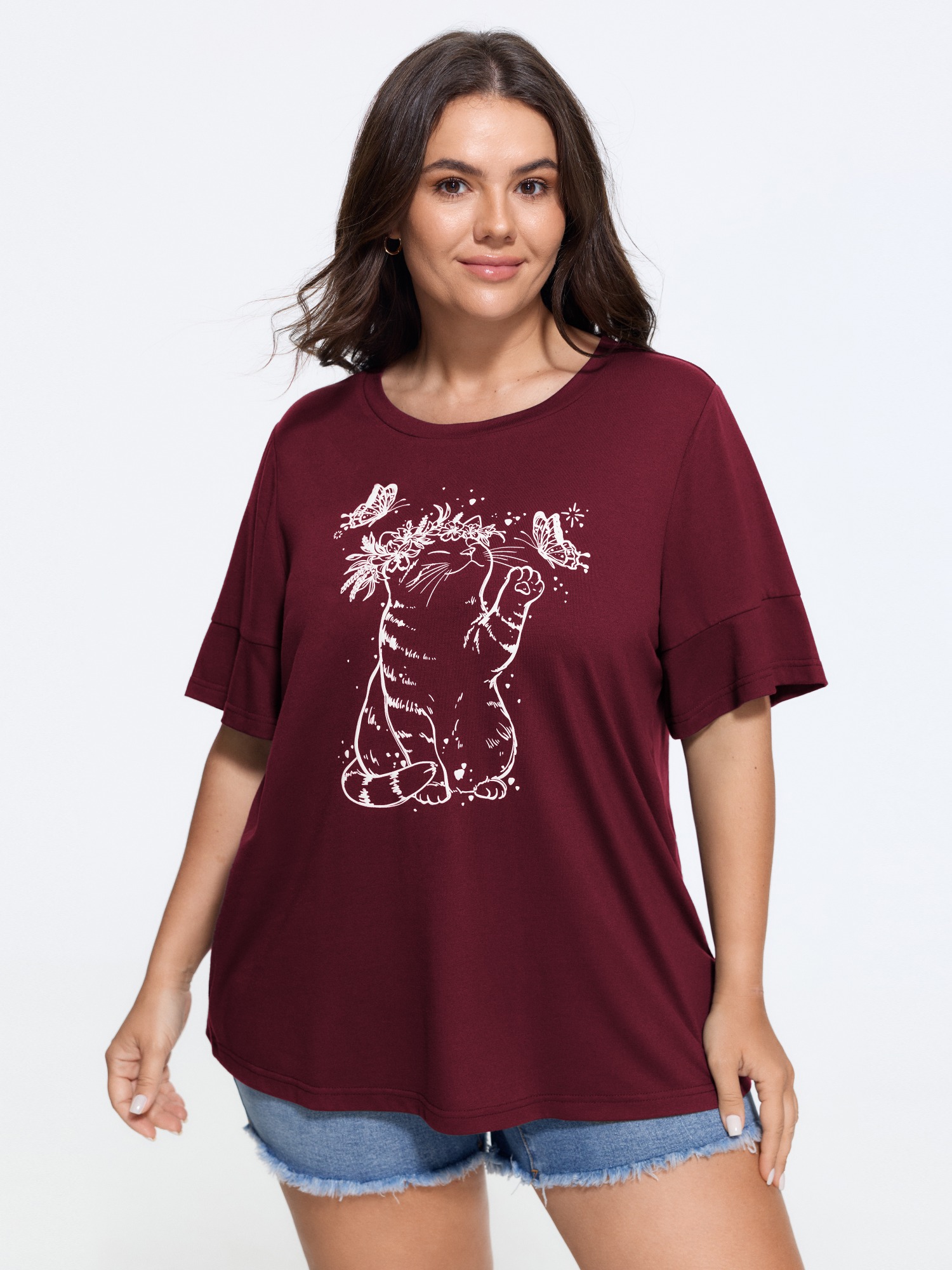 BloomChic Women's Plus Size Supersoft Stretchy Cat Butterfly Print Crew Neck T-Shirt Merlot Animal Motif Everyday-Casual Short sleeve Round Neck 10/M