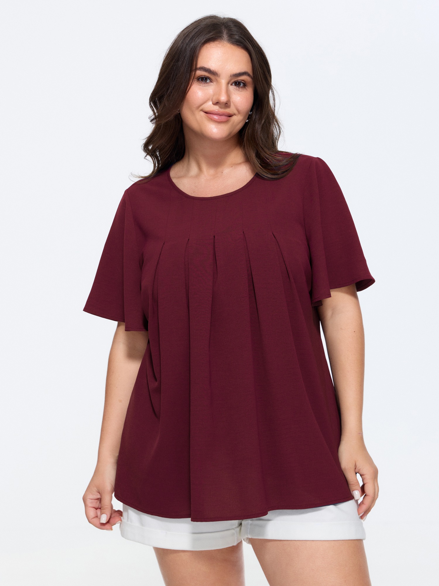 BloomChic Women's Plus Size Pleated Front Flowy Plain Top Merlot Solid Everyday-Casual Short sleeve Round Neck 12/L