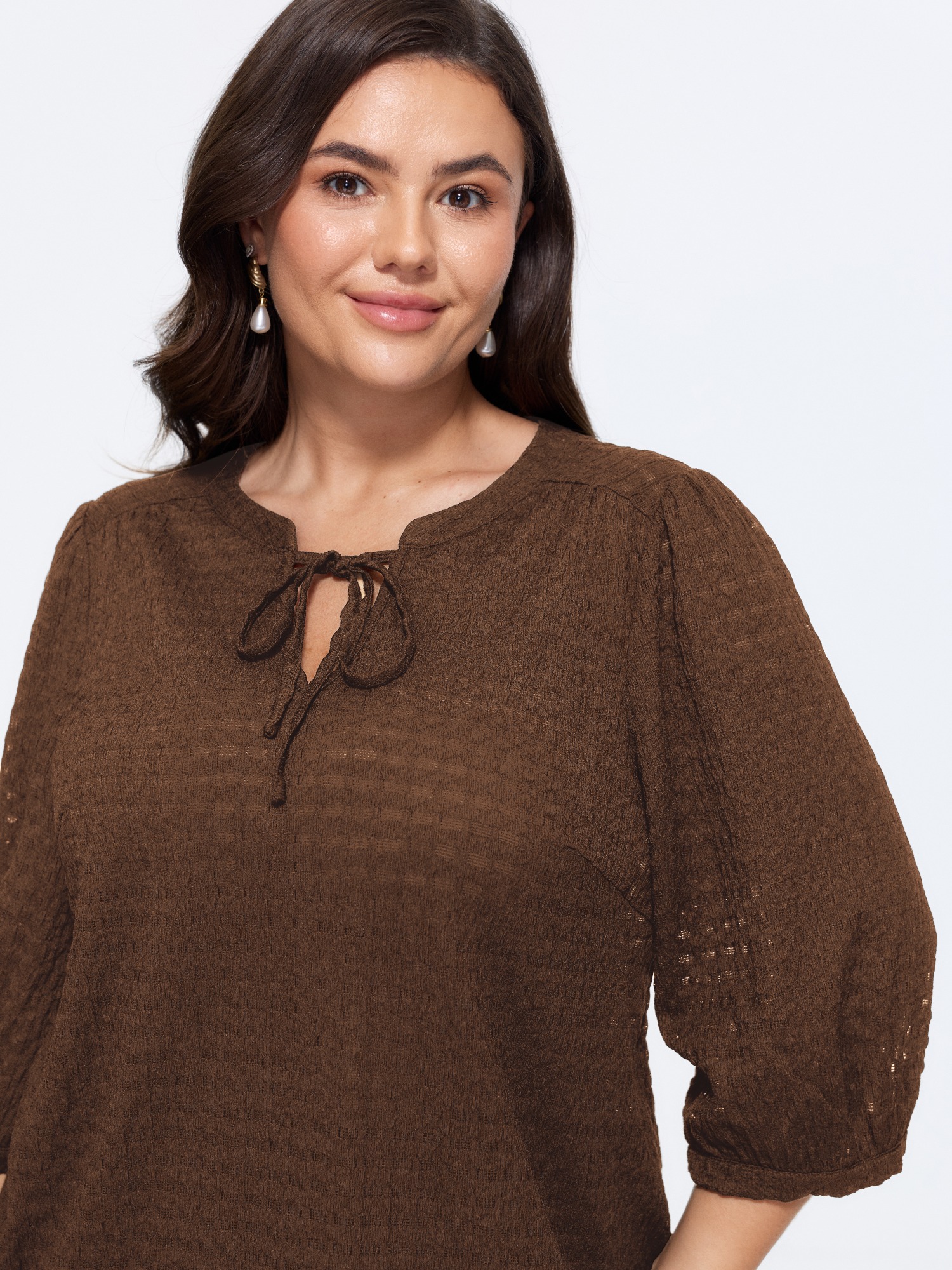 BloomChic Women's Plus Size Stretchy Crinkle Textured Neck Tie Blouse Madder Brown Solid Everyday-Elegant 3/4 Sleeve V-Notch Neck 22-24/3X