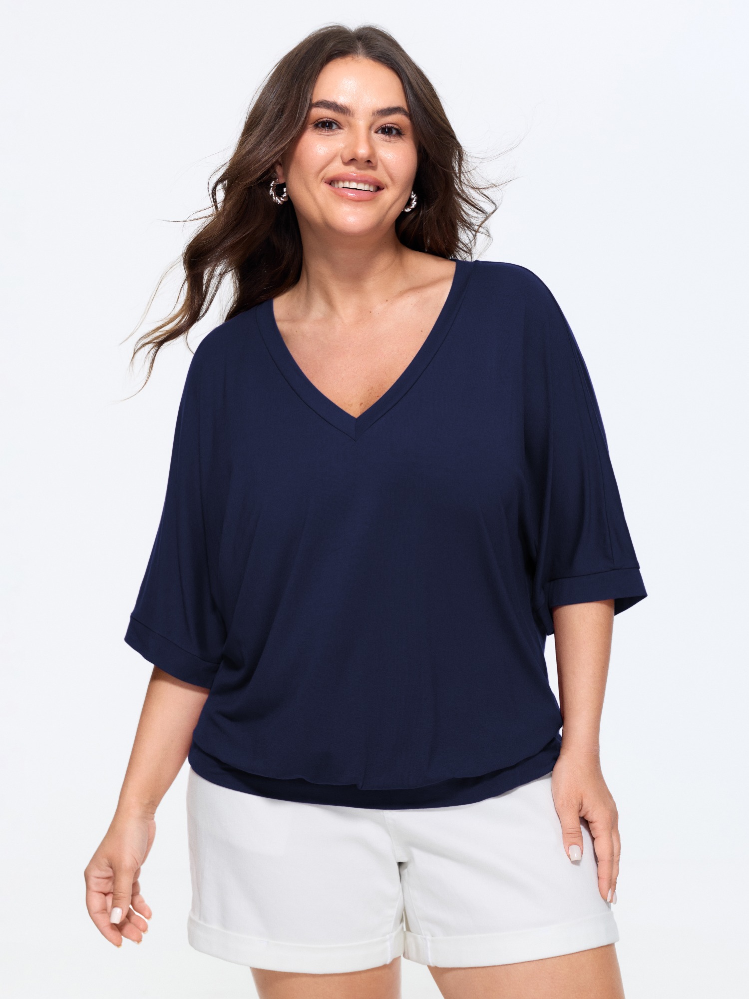 BloomChic Women's Plus Size Supersoft Stretchy V-Neck Plain T-Shirt Ocean Solid Everyday-Casual Short sleeve V-Neck 18-20/2X
