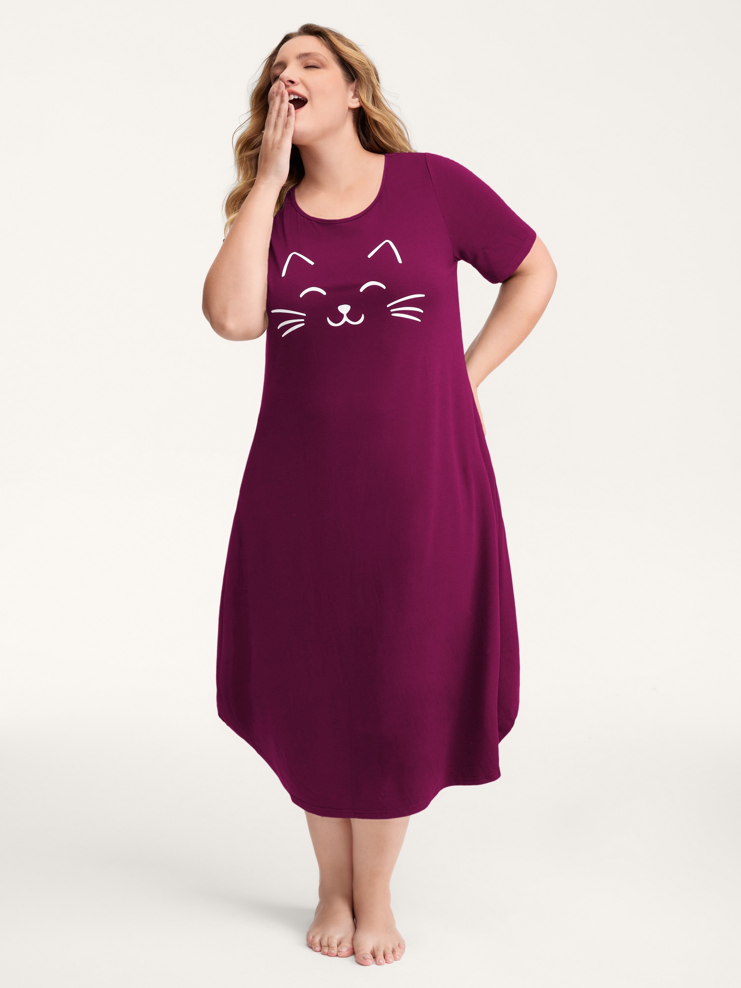 BloomChic Women's Plus Size Happy Cat Print Stretchy Contrast Nightgown Rhododendron Short sleeve Tunic Round Neck 10/M