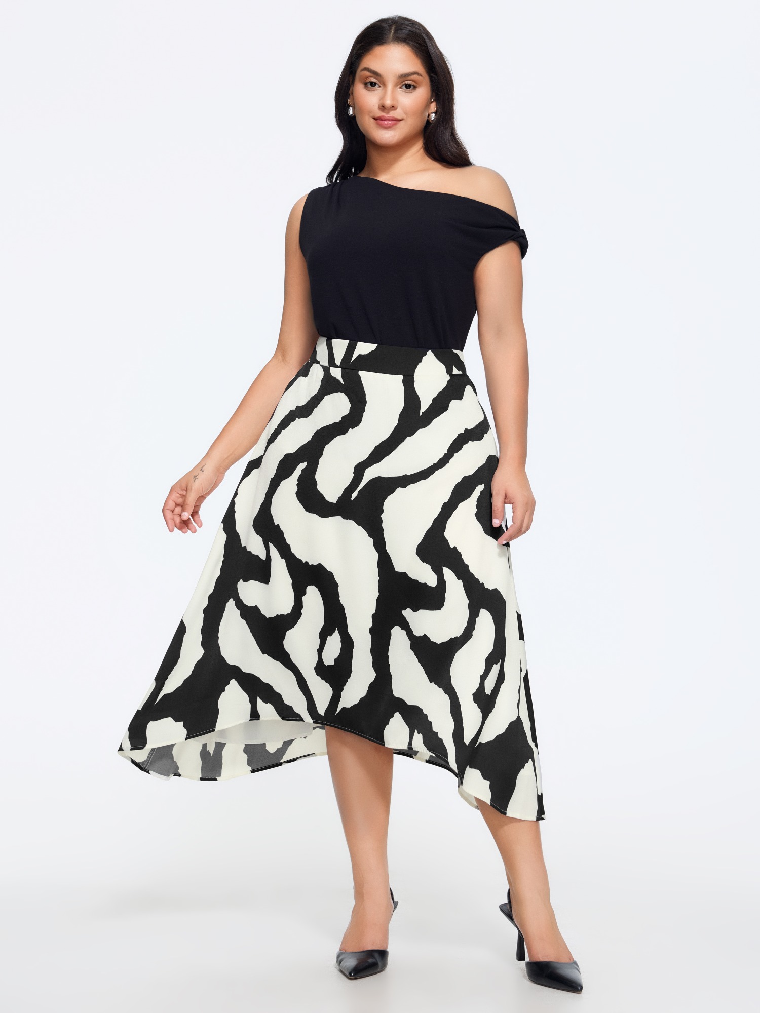 BloomChic Women's Plus Size Abstract Print Asymmetrical Hem Flowy Midi Skirt WhiteSmoke Lace-Up Flared Everyday-Elegant 10/M