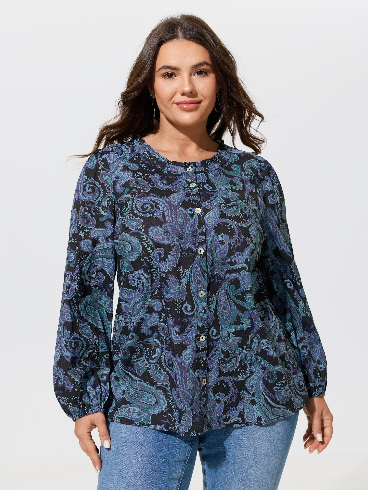 BloomChic Women's Plus Size Cotton Ruffle Neck Paisley Print Button Front Blouse DarkBlue Paisley Vacation Long Sleeve Round Neck 10/M