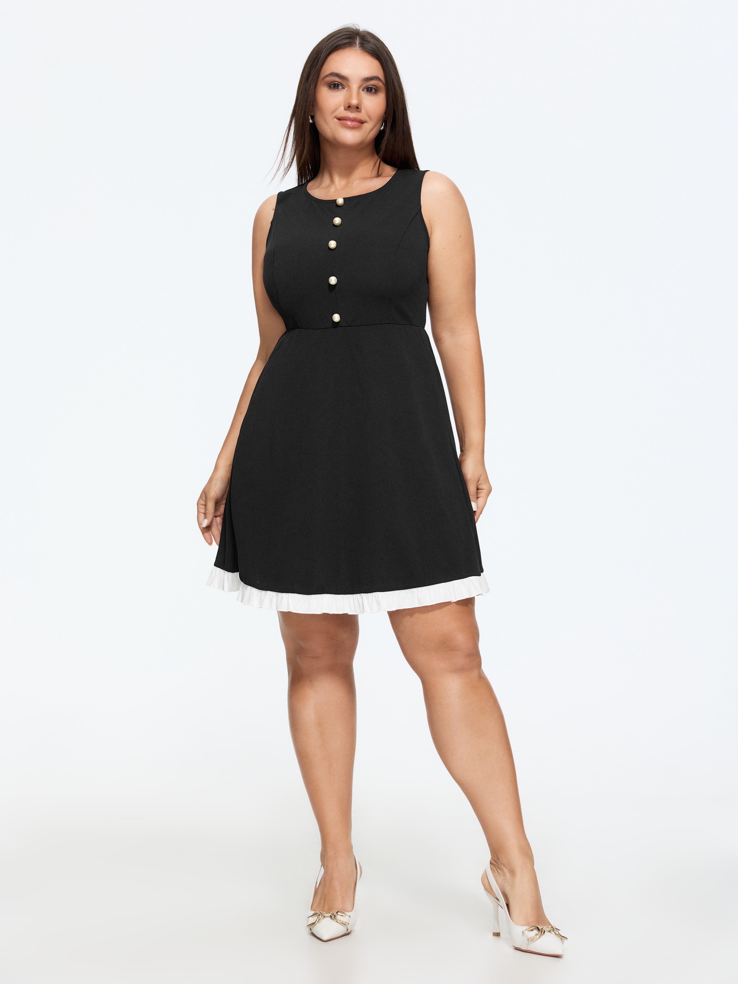 BloomChic Women's Plus Size Round Neck Button Detail Ruffle Hem Mini Dress Black Solid Mini Office Colorblock 10/M