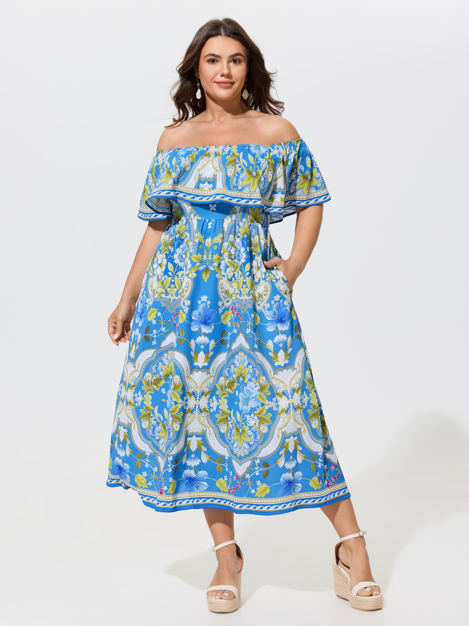 BloomChic Women's Plus Size Boho Floral Print Off‑Shoulder Shirred Midi Dress Skyblue Floral Midi Vacation Smocked 10/M