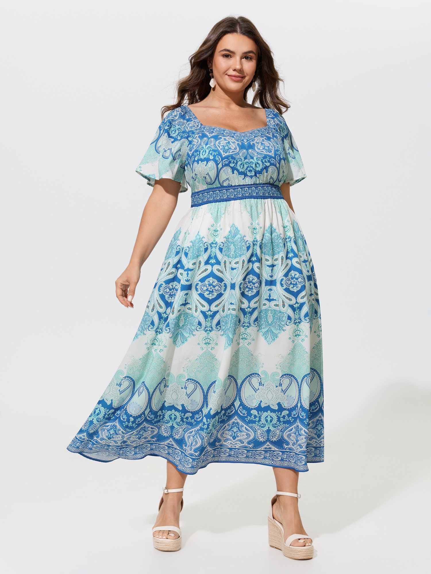BloomChic Women's Plus Size Boho Print Ruffle Sleeve Shirred Waist Midi Dress Skyblue Ethnic Floral Maxi Vacation Smocked 10/M
