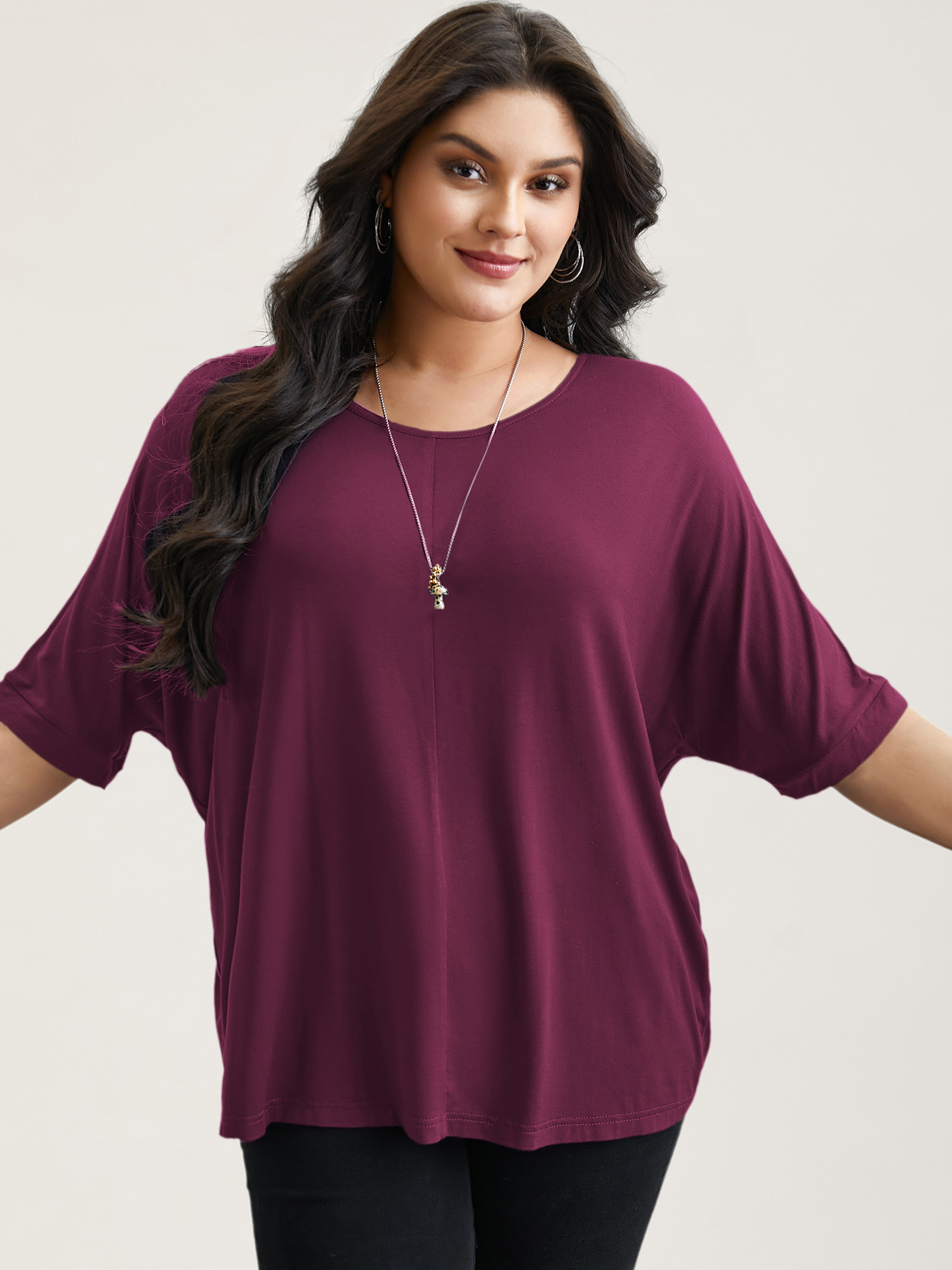 BloomChic Plus Size Supersoft Round Neck Plain T-Shirt - Women's Plum Solid Round Neck Comfort Midsection Fit Long Sleeve Playful T-shirts 14/M