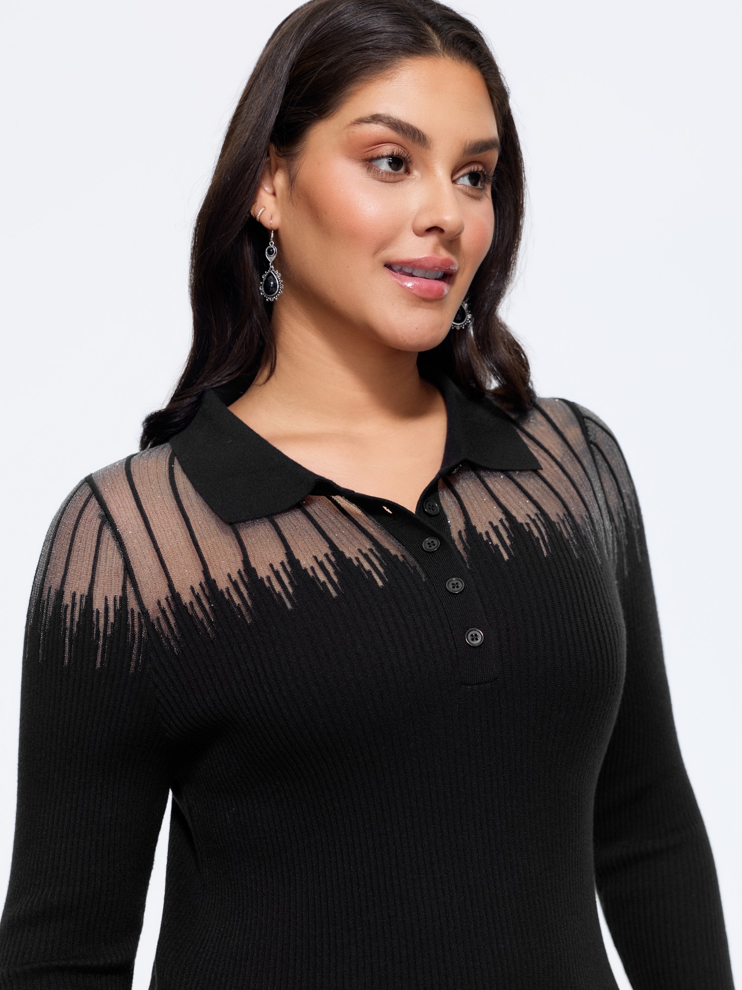 BloomChic Women's Plus Size Supersoft Polo Collar Gradient Glitter Mesh Pullover Black Long Sleeve Polo Collar 10/M