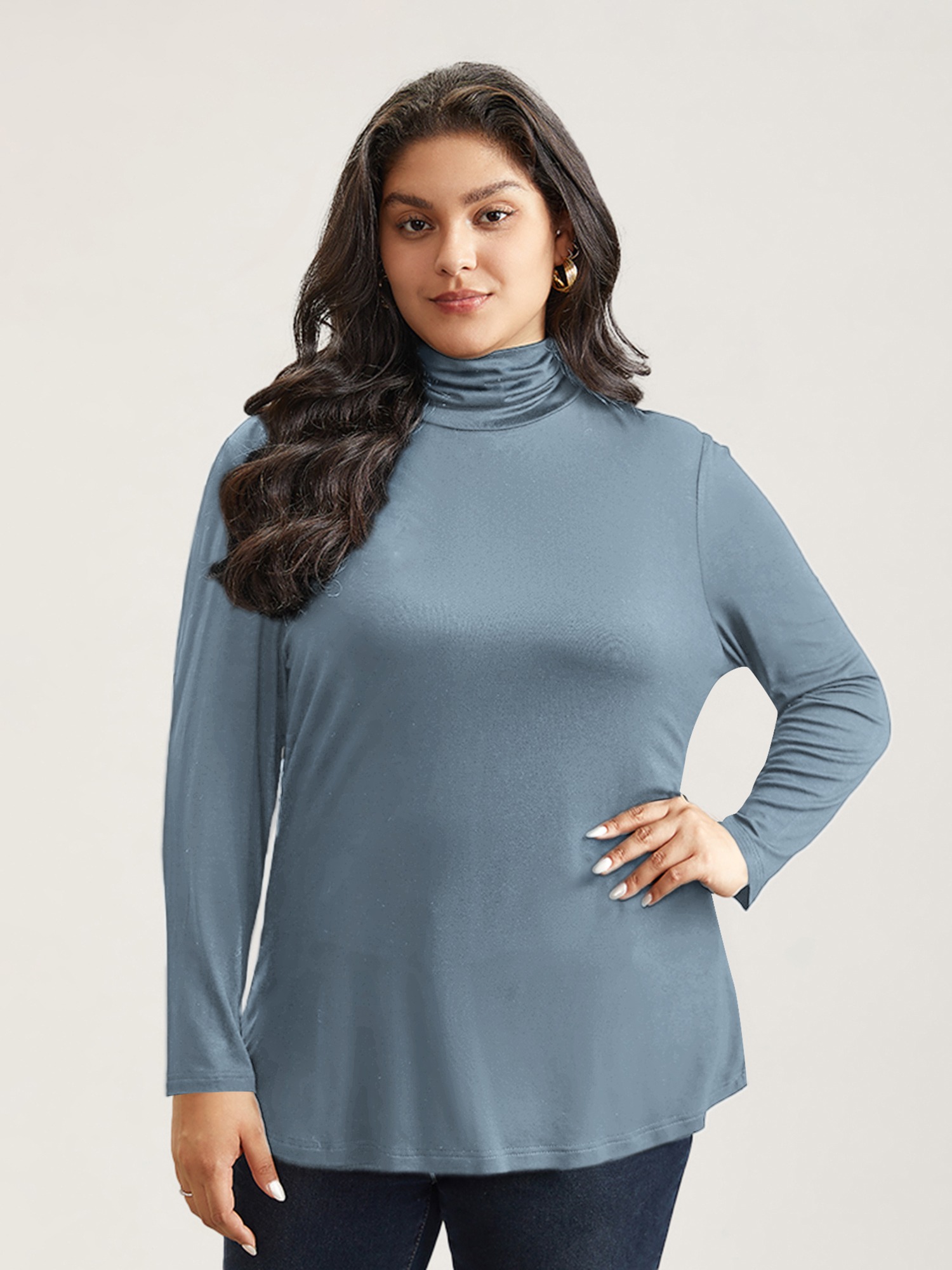 BloomChic Women's Plus Size Supersoft Essentials Solid Funnel Neck Knit T-Shirt Windsurfer Solid Everyday-Casual Long Sleeve Turtleneck 10/M