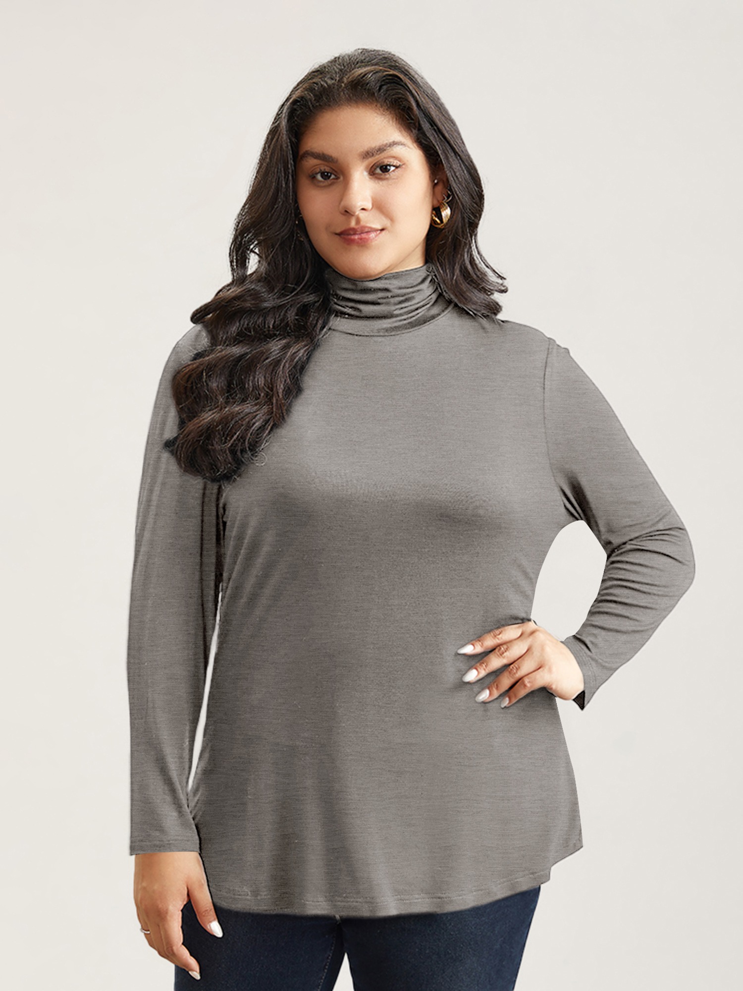 BloomChic Women's Plus Size Supersoft Essentials Solid Funnel Neck Knit T-Shirt Charcoal Gray Solid Everyday-Casual Long Sleeve Turtleneck 10/M