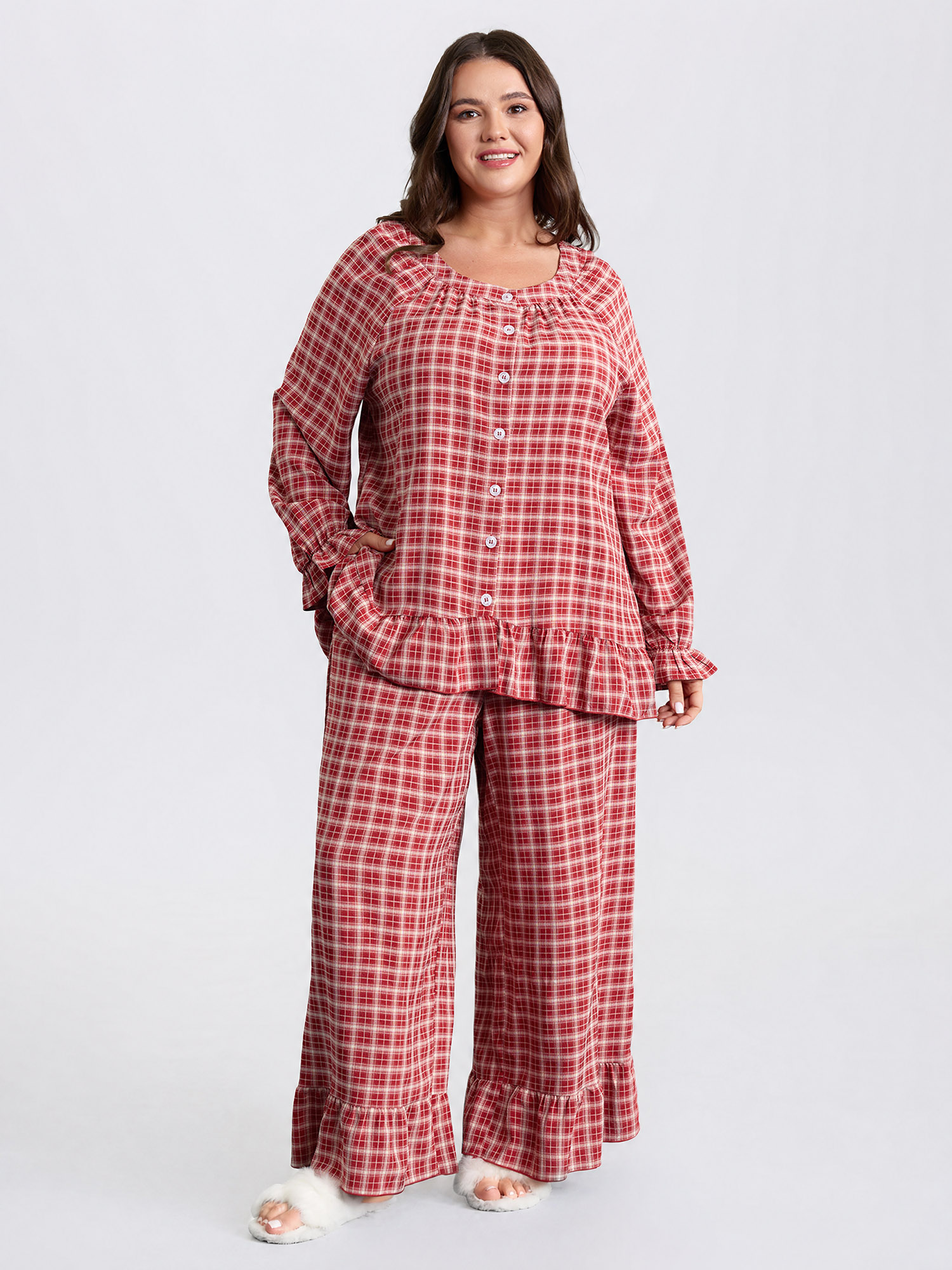 BloomChic Plus Size Gingham Print Ruffled Hem Co-Ord Pajama Set - Women's Supersoft Crimson Long Sleeve not graphics Plaid Side Pocket Easy Pull-On Wide leg Pajama Sets 14/M