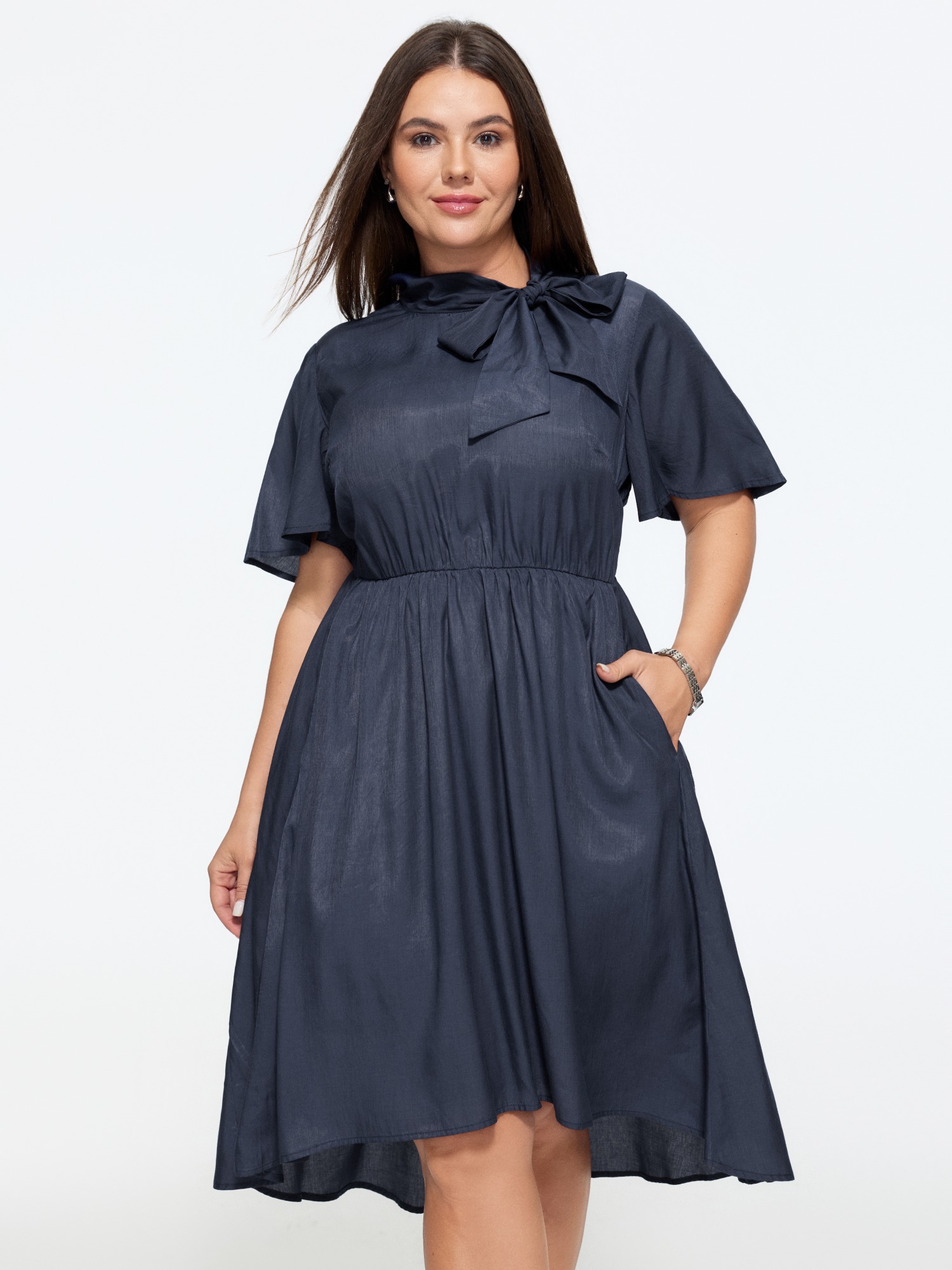 BloomChic Women's Plus Size Bow Neck Flutter Sleeve Pocket Mini Dress DarkBlue Solid Mini Office Lace-Up 10/M