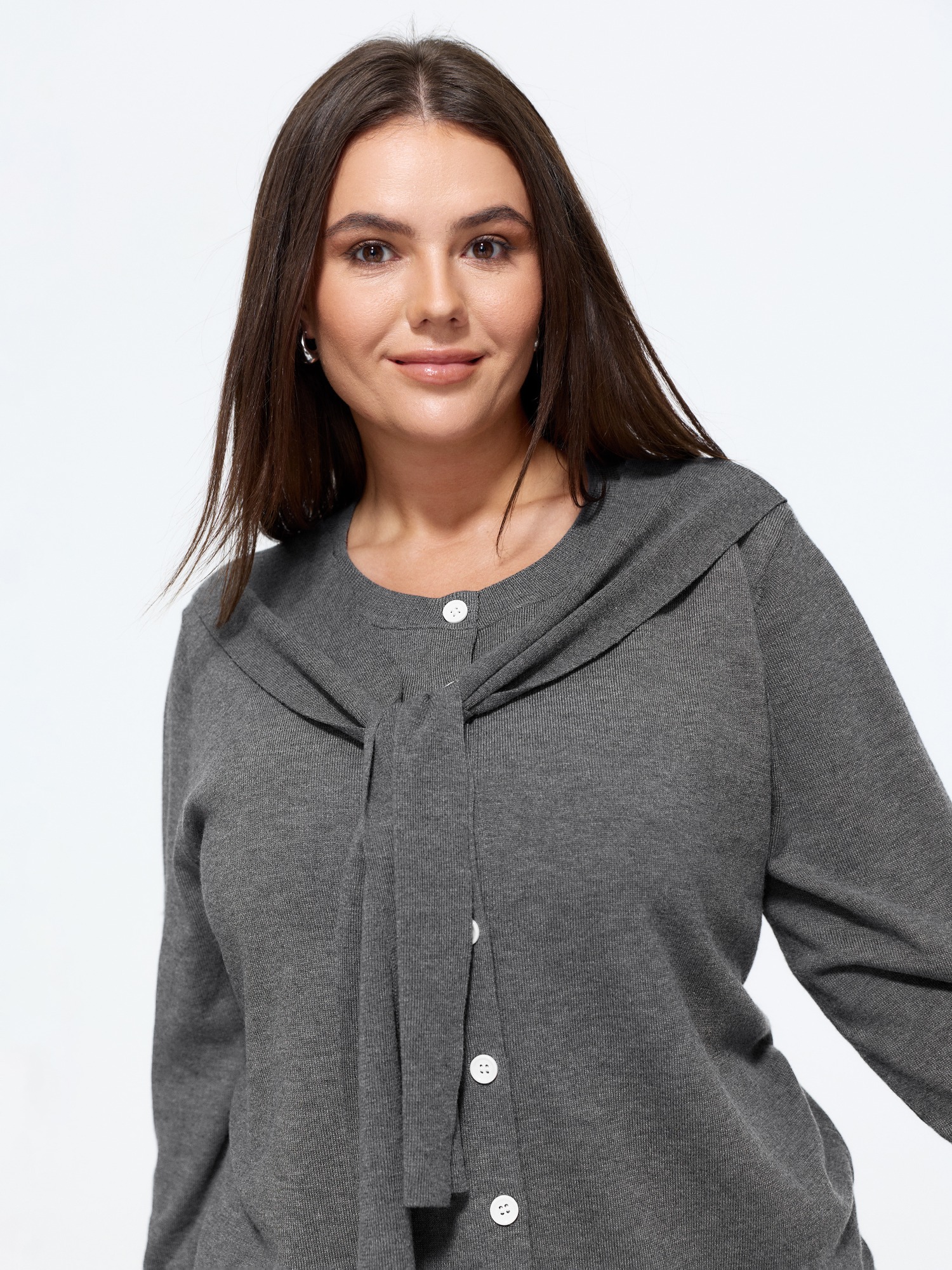 Bloomchic Solid Scarf Bow Tie Button Front Cardigan In Gray