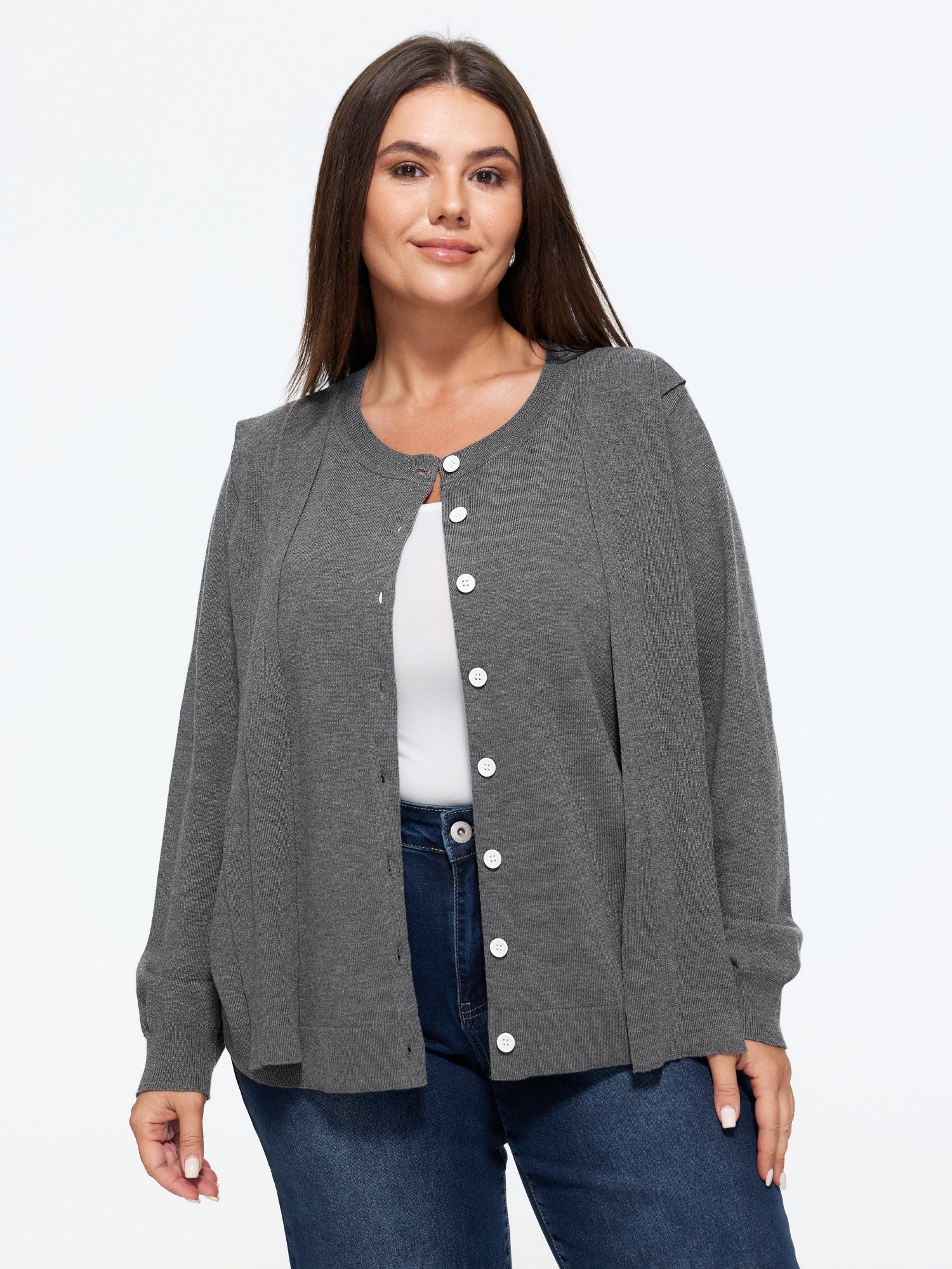 Bloomchic Solid Scarf Bow Tie Button Front Cardigan In Gray
